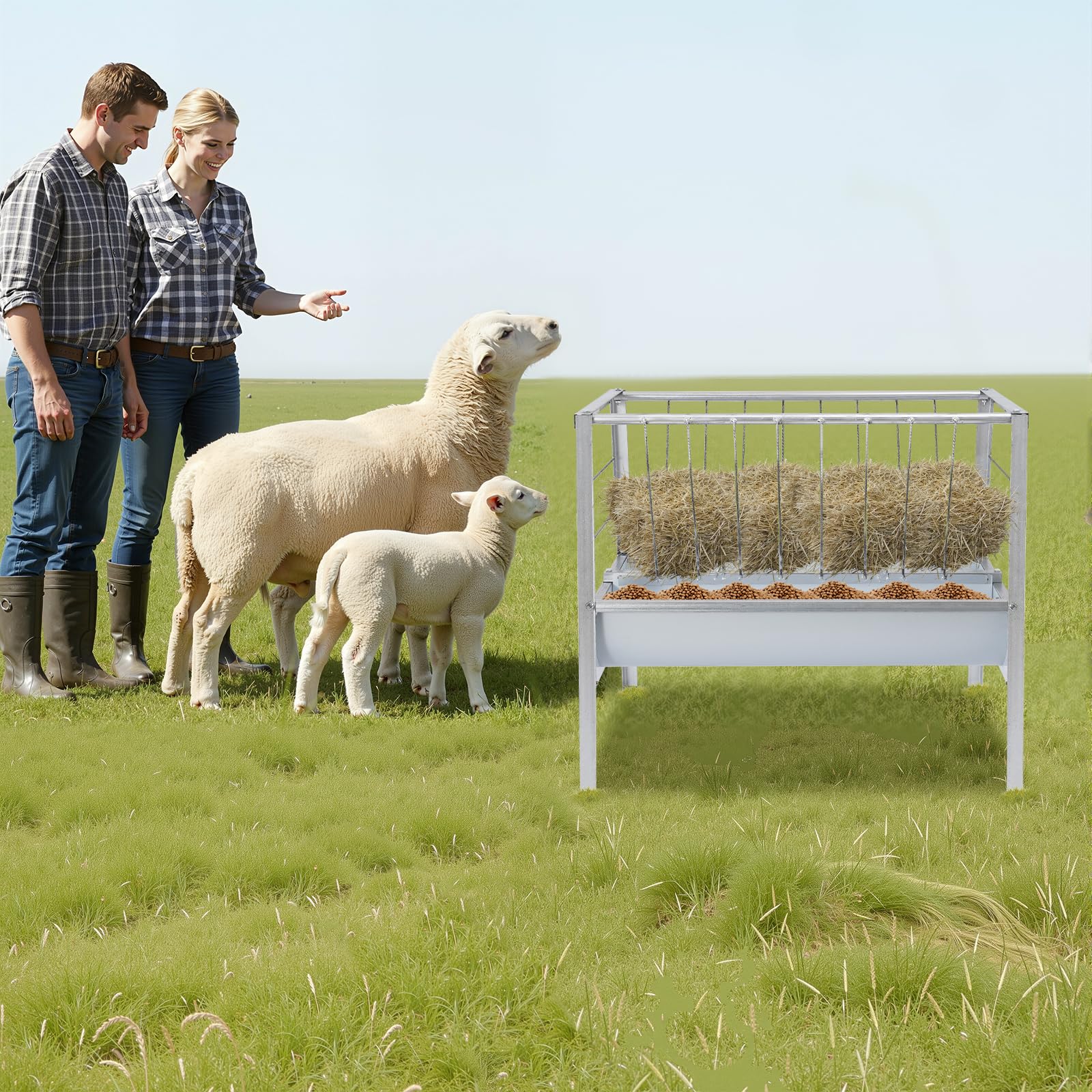 Comedero para heno de doble cara 100 cm, comedero para ovejas y cabras de metal, gran bebedero con forma de V para heno y pienso de hasta 200 L, para granjas, alpacas, cabras