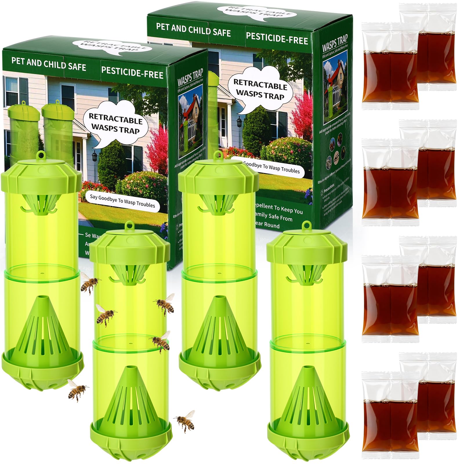 Confezione da 4 trappole per vespe da esterno con 8 ricariche per esche naturali, riutilizzabili, da appendere, per falegname e calabrone, trappola per api verdi, 24 settimane di ricarica per