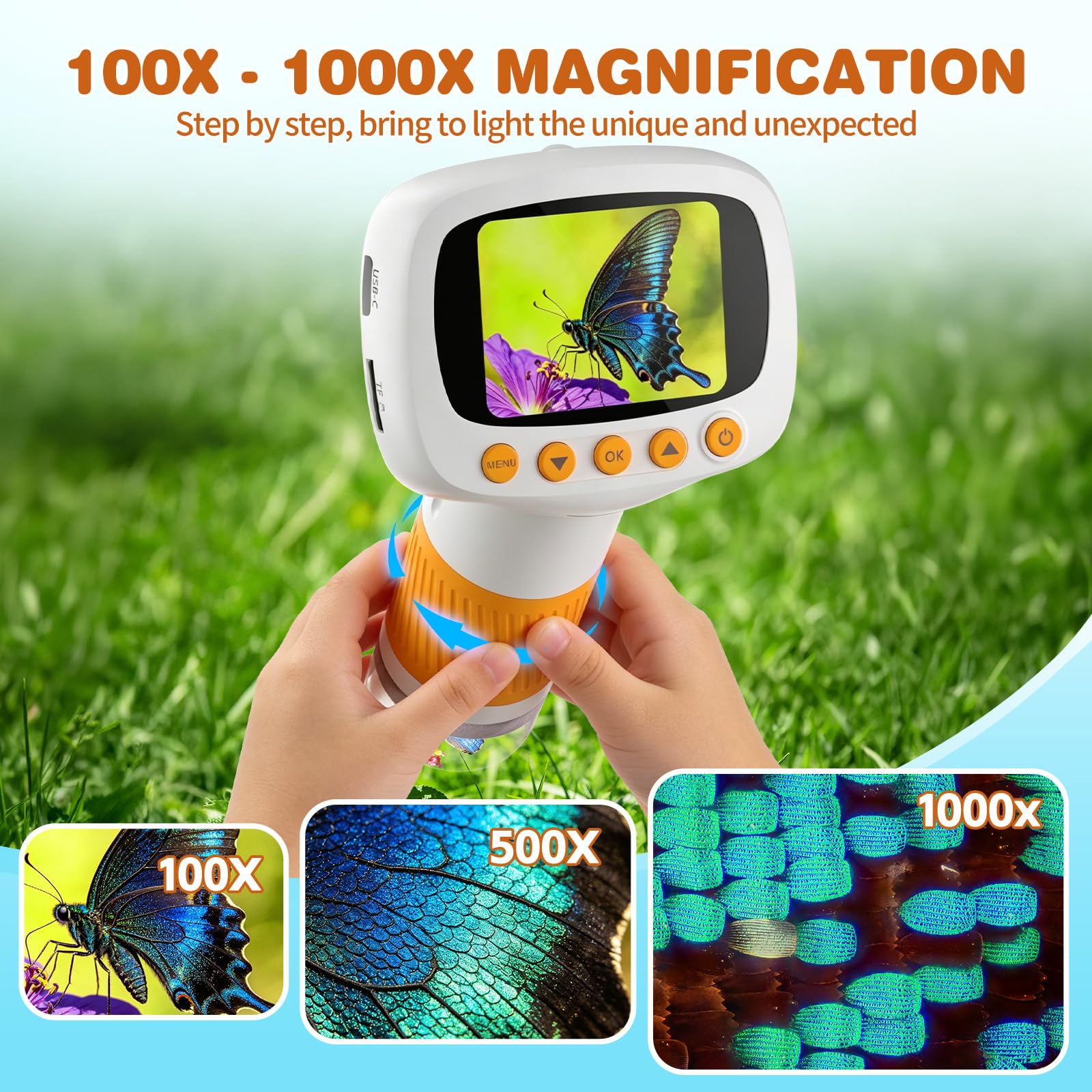 Microscopio de bolsillo para niños de más de 3 años, microscopio de mano 1000X para niños con IPS digital de 2 pulgadas, mini lupa portátil para video fotográfico, digiscopio edu científico, ideas de