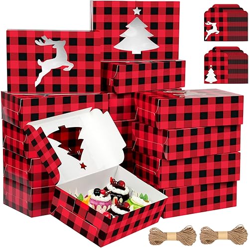 Miniatura 8 de Ruisita Paquete de 30 cajas de cupcakes de Navidad a cuadros, cajas de panadería con 4 agujeros, cajas de regalo de galletas con ventana roja y