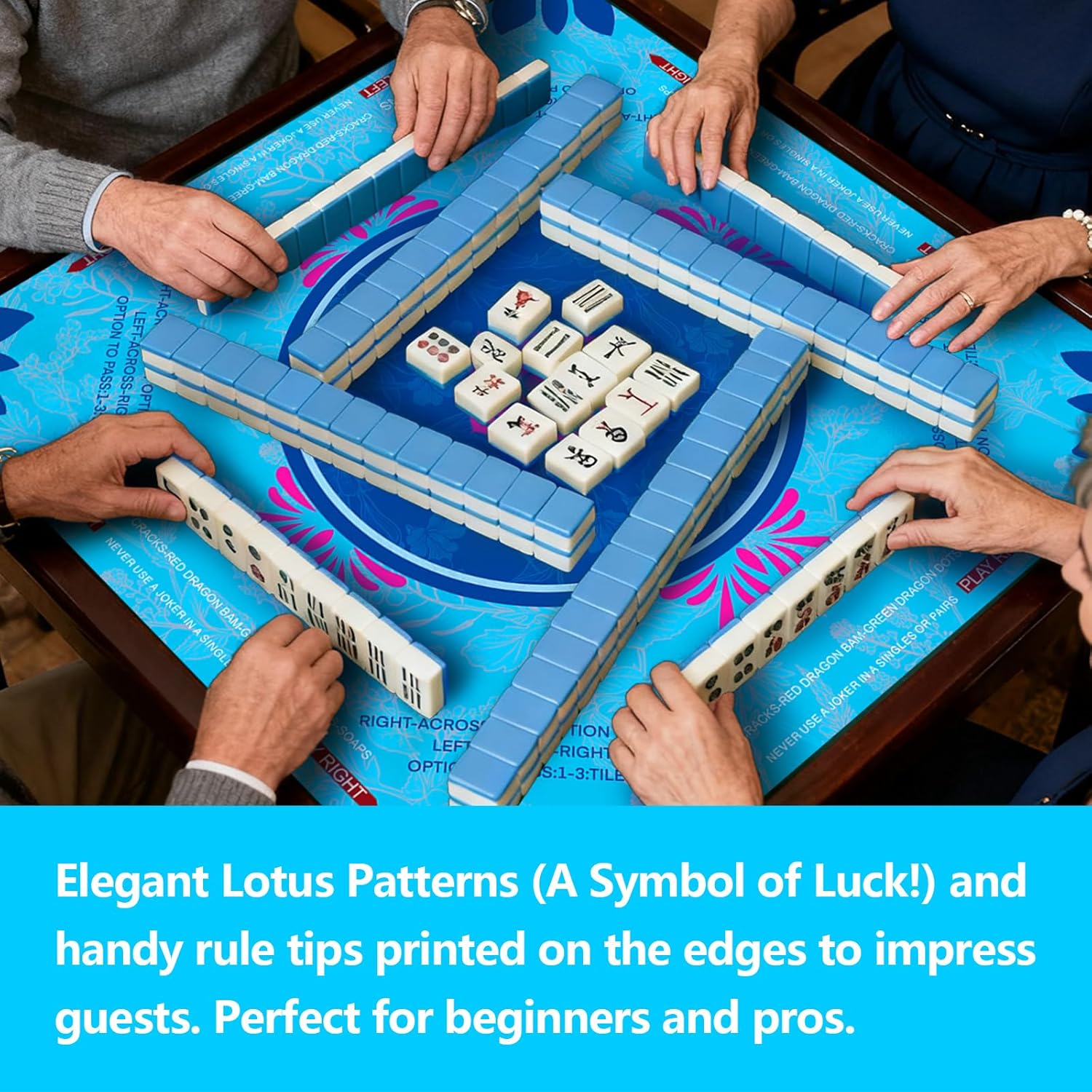 Mahjong Mat, 31.5x31.5 Inch Neoprene Gaming Surface with Rules, Anti-Slip Noise Reduction Table Cover for Tiles and Cards, Includes Storage Bag, Blue