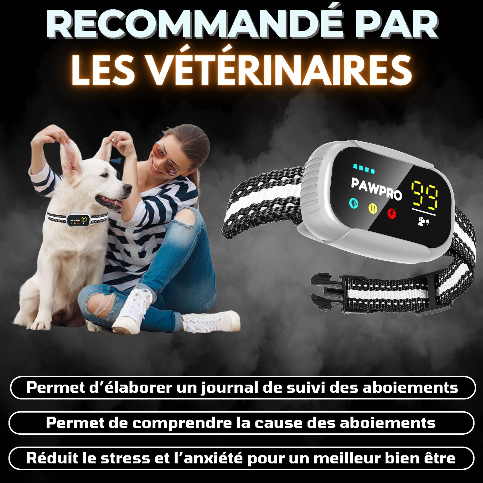 PAWPRO Collier Anti Aboiement pour Chiens, 4 Modes BIP Vibration Choc avec Suivi des Aboiements, Guide de Dressage Inclus, Automatique Rechargeable Étanche, Adapté à Tous Les Chiens, Marque Française