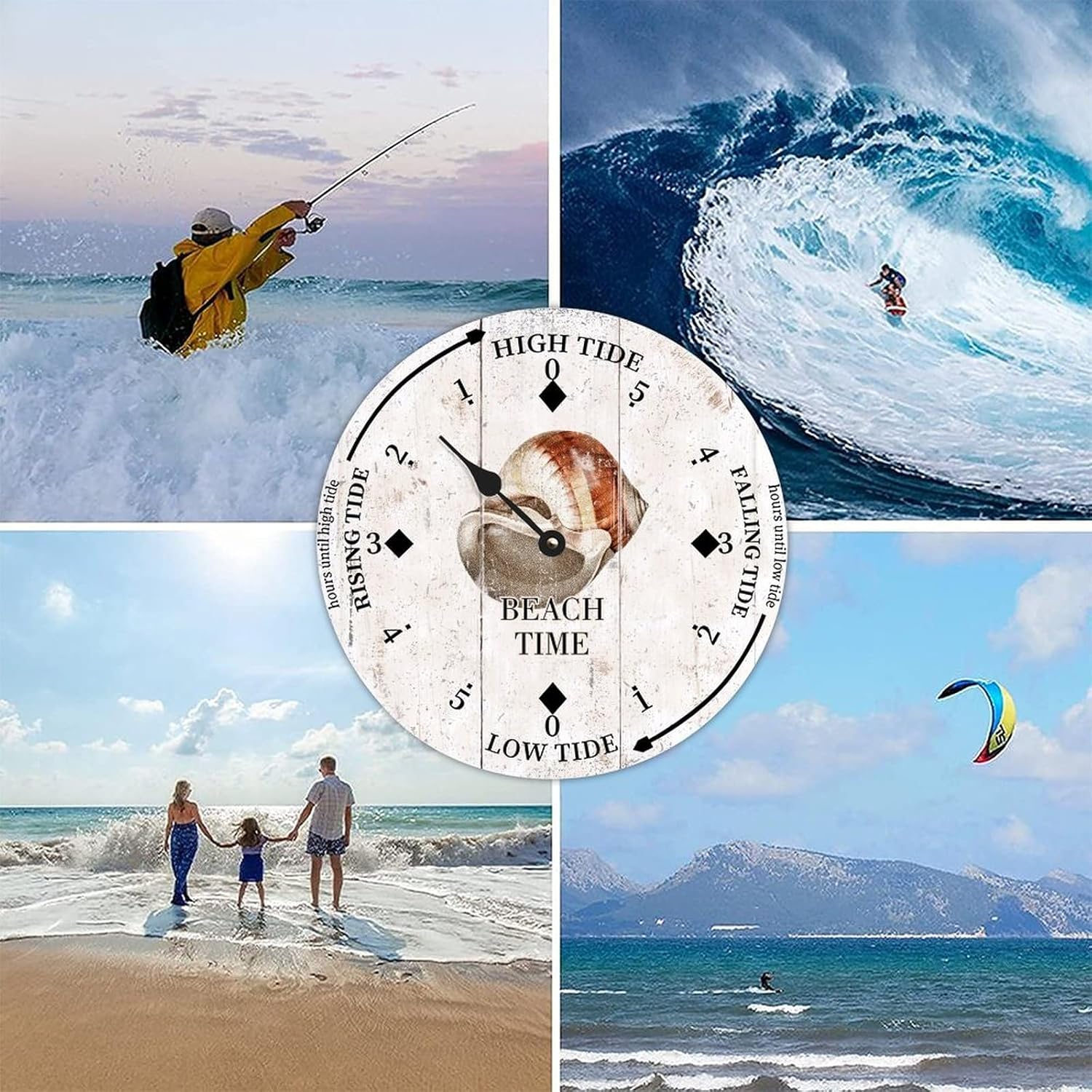 Beach Time Sea Snail Conch Wood Tidal Clock Ocean Time Maritime Coastal Beach High Tide Low Tide Clock Rustic Wooden Nautical Tide Movement Vintage Decor for Beach House Kitchen Wall Art 15x15 in