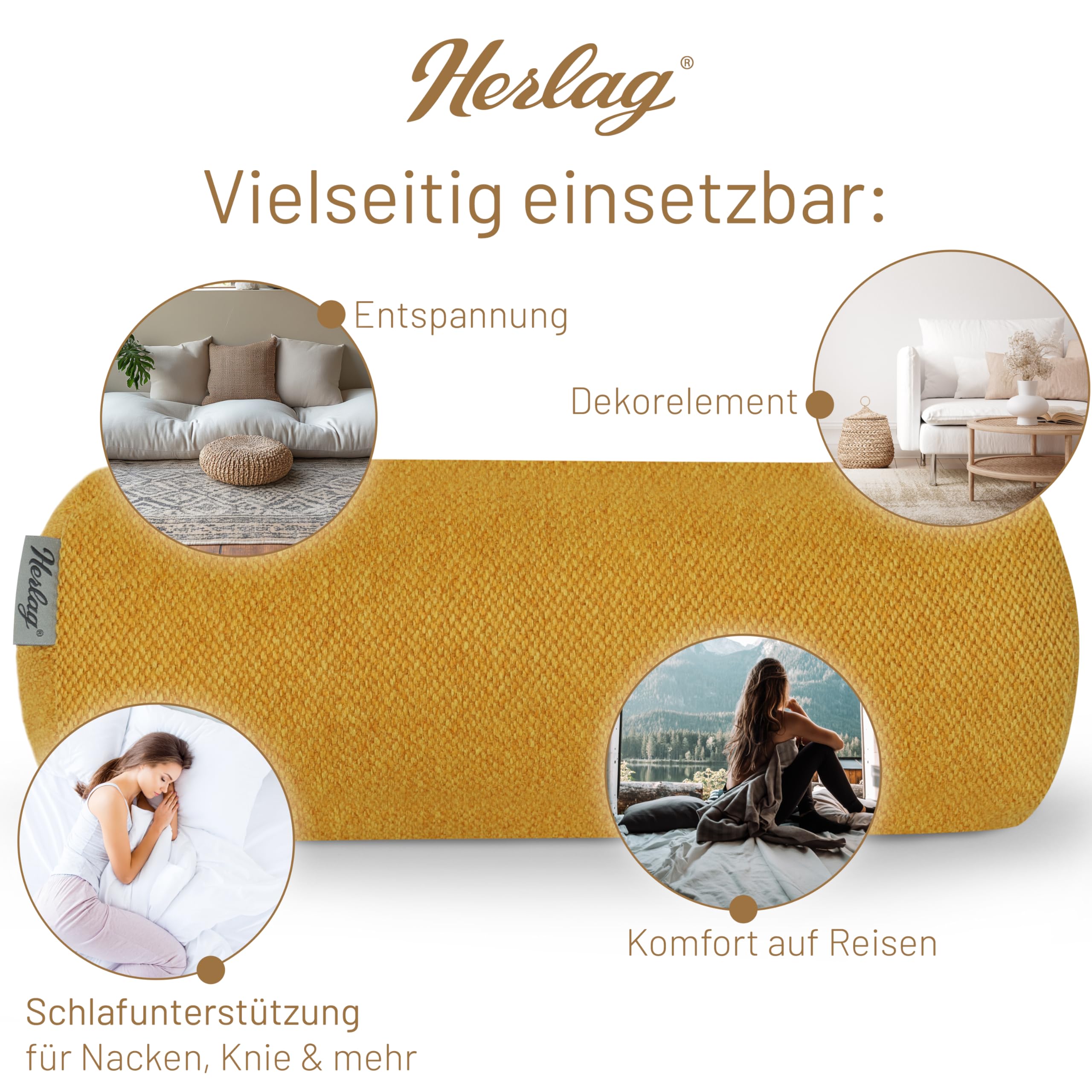 Herlag große Kissenrolle Luxe 65x20cm - Lange Nackenrolle mit Bezug - Wohnliches Seitenschläferkissen - Waschbare Schlafrolle für Erwachsene & Kinder - Eleganter Strukturstoff - Senfgelb -Öko Tex 100