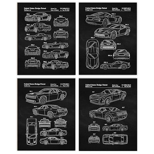 Vintage Dodge Viper Hellcat Demon Auto Patent Prints, 4 (8x10) Unframed Photos, Wall Art Decor Gifts Under 20 for Home Office Man Cave Engine Garage