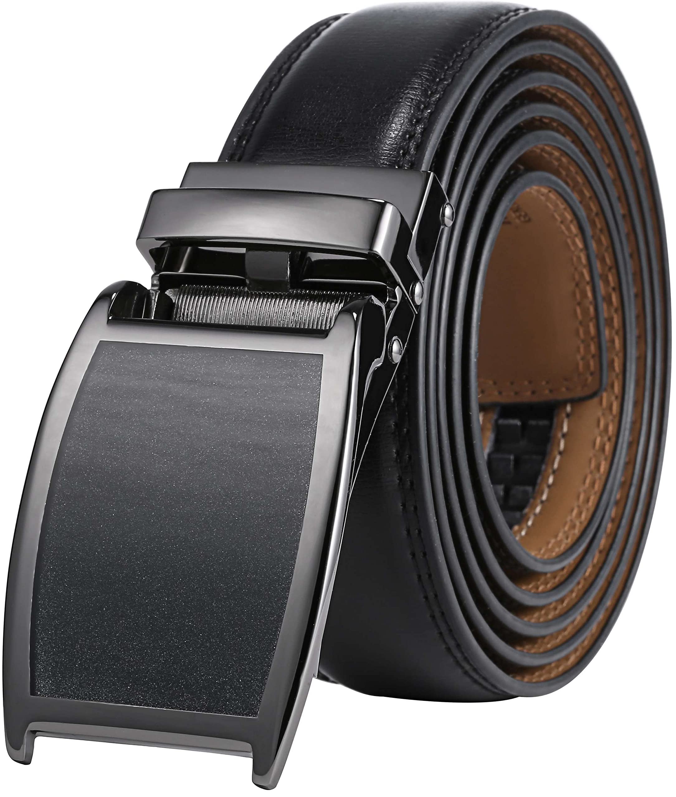 Marino Men's Genuine Leather Ratchet Dress Belt with Linxx Buckle, Enclosed in an Elegant Gift Box - Custom: Up to 46" Waist - Gunblack Silver/Black Matte Buckle W/Black Leather