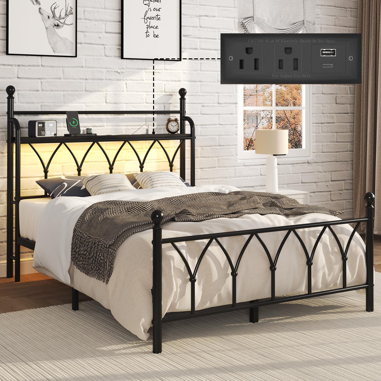 E-Ser Full Size Metal Platform Bed Frame with Storage Headboard, Bed Frame with LED Light, Built in Charging Station, Heavy Duty Metal Slats, No Box Spring Needed, Noise-Free, Easy Assembly, Black