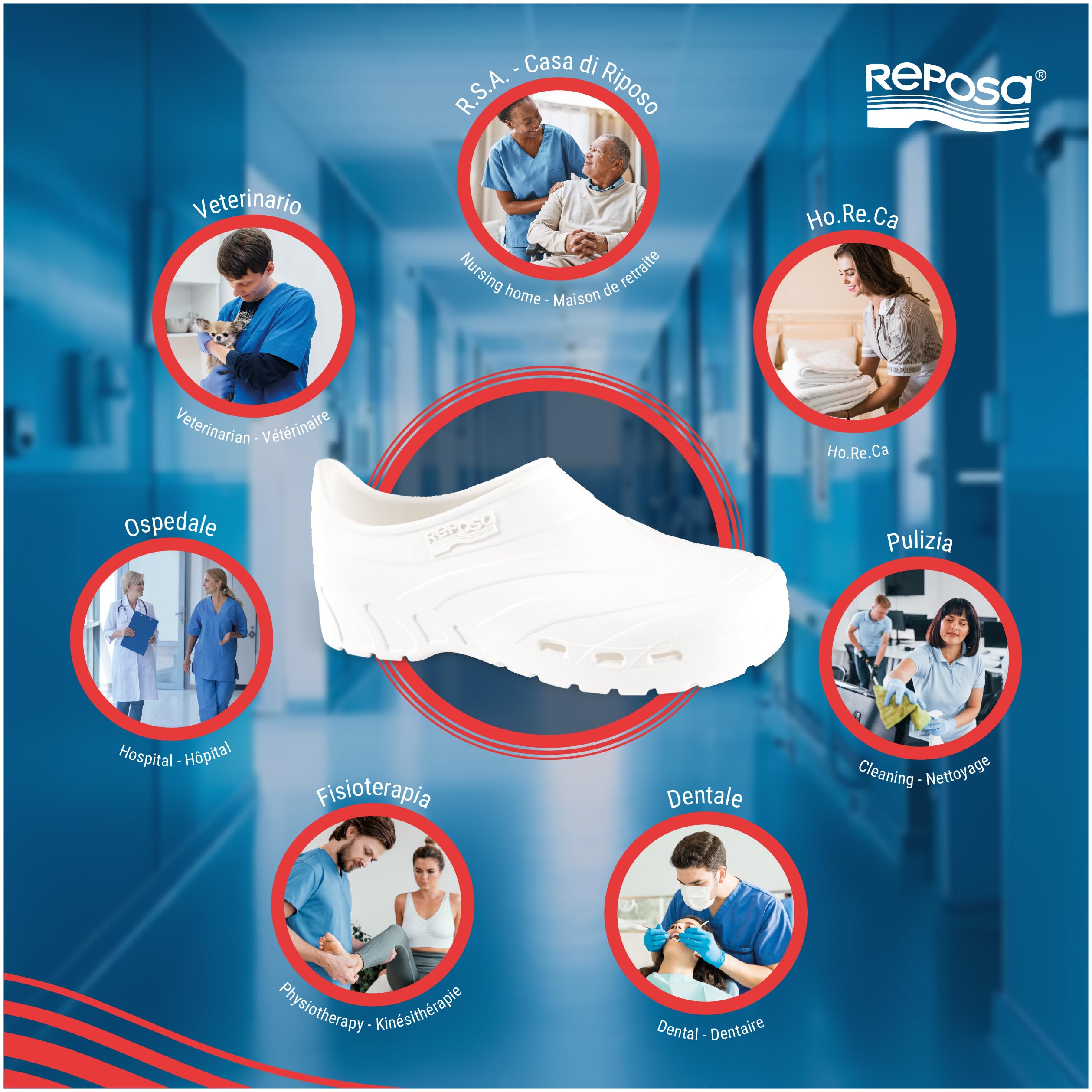 REPOSA Scarpetta - Chaussures Medicales Femme et Homme en Caoutchouc, Sabot Femme et Homme avec Fermeture au Talon et Semelle Amovible, Sabots Chaussures de Travail Infirmiere avec Trous Latéraux