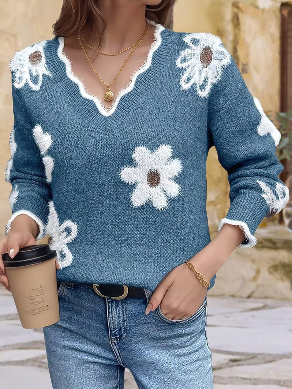 Flamingals Floral Sweaters for Women 2026 Scalloped V Neck Fuzzy Valentine Sweater with Flowered Pullover Womens Sweater - Image 3