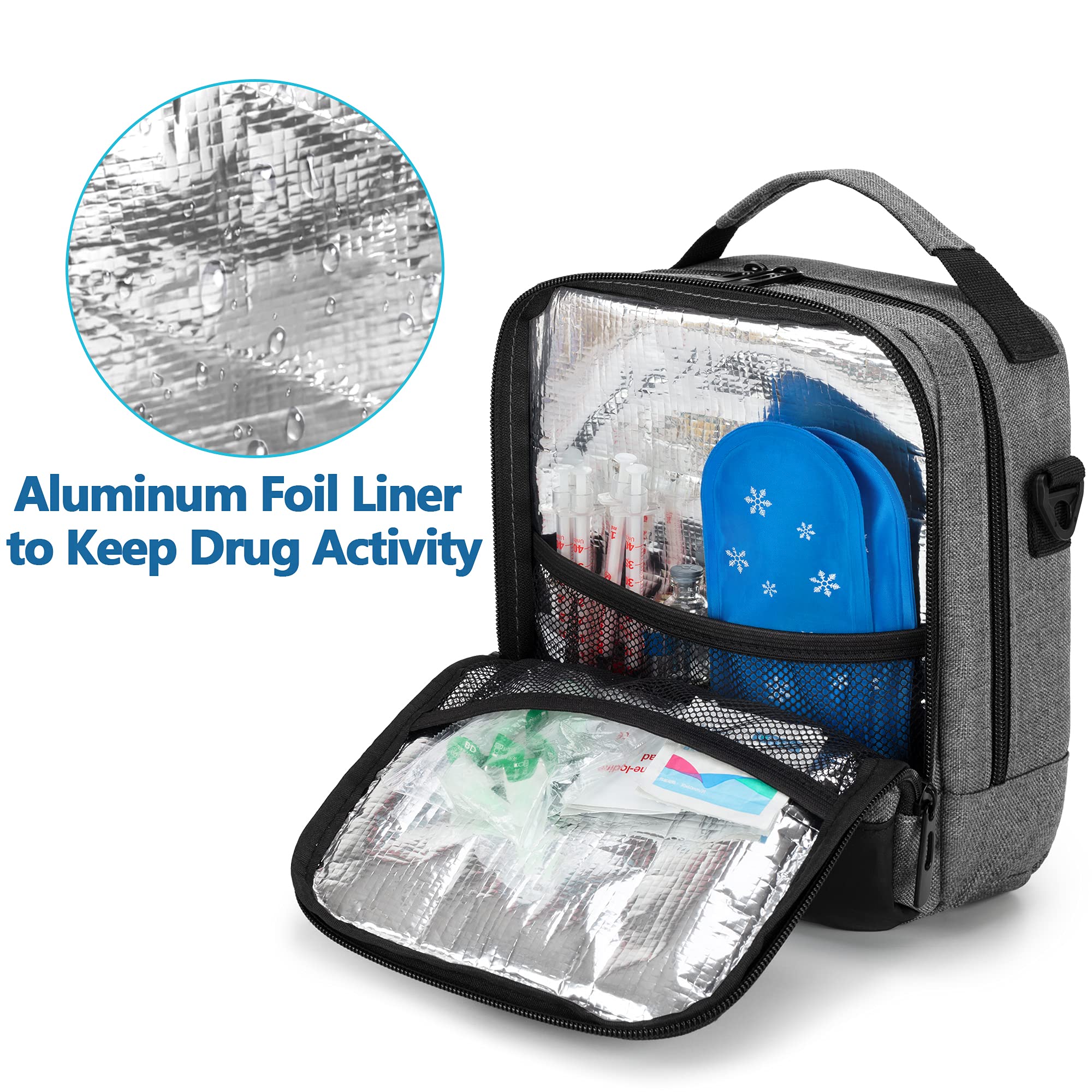 CURMIO Borsa termica per insulina da viaggio, borsa per alimenti per il diabete con tracolla per penna per insulina, glucometro e forniture per diabetici, Grigia (solo borsa)