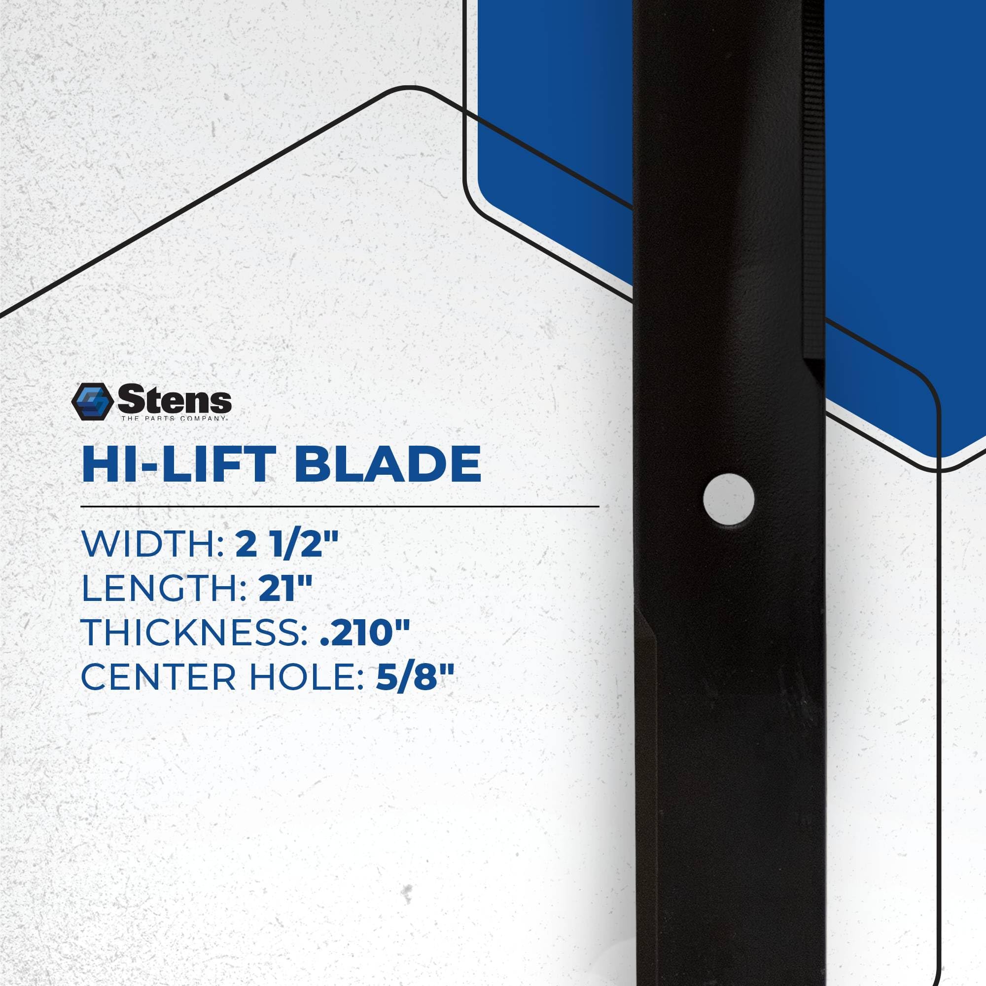 Stens 310-043 Hi-Lift Blade Compatible con/Repuesto para cortacéspedes Gravely Pro-Turn Mach One 05290000 de 21 Pulgadas de Longitud, Agujero Central de 5/8 Pulgadas, Grosor de 0.2 Pulgadas, 2 1/2