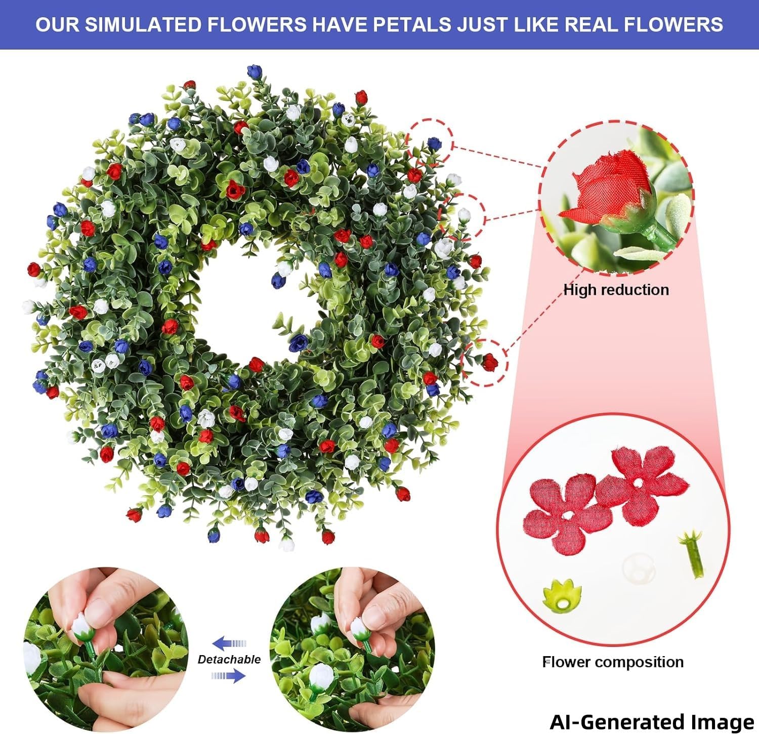 Patriotic Wreaths for Front Door, 18 Inch | 4th of July, American Flag Bow, Red White Blue Floral, Memorial Wreath