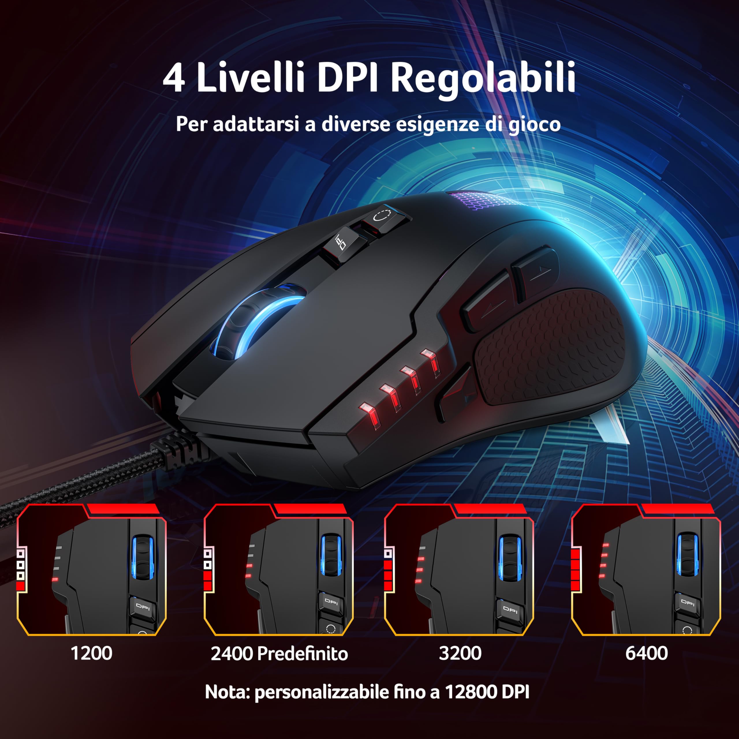 Acer Mouse Gaming Cablato per PC, Sensore da 12800 DPI, 8 Pulsanti Programmabili con Tasti Laterali, Pulsante di Fuoco Programmabile con Macro, RGB Personalizzabile, Mouse da Gioco per MOBA/FPS