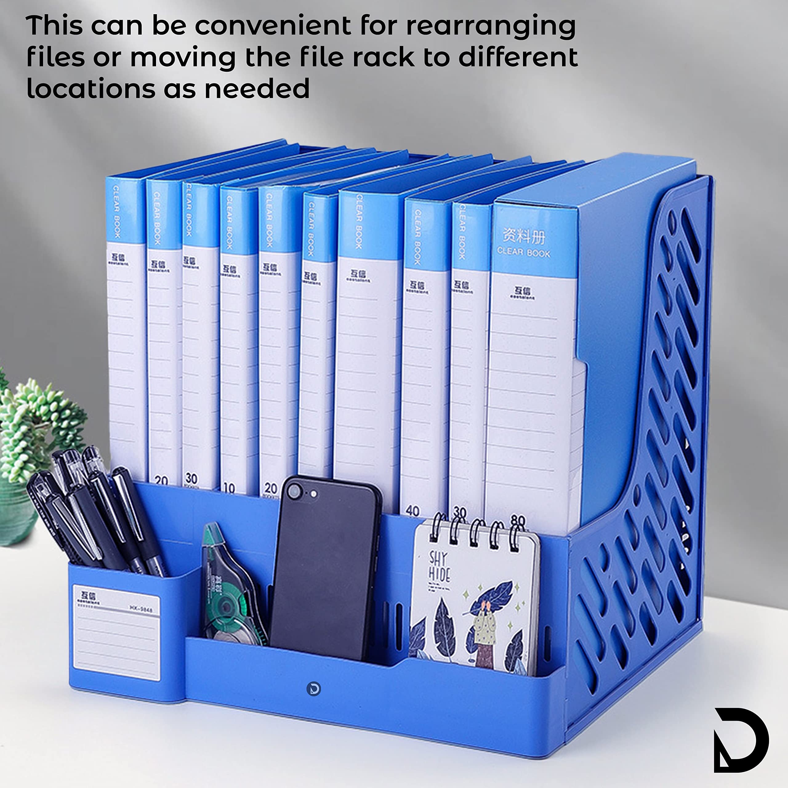 DaKos Aktenregal aus Kunststoff, 4 Fächer, Schreibtisch-Organizer, Brief-Organizer mit Stifthalter, Zeitschriftenbuchhalter, Organizer (blau)