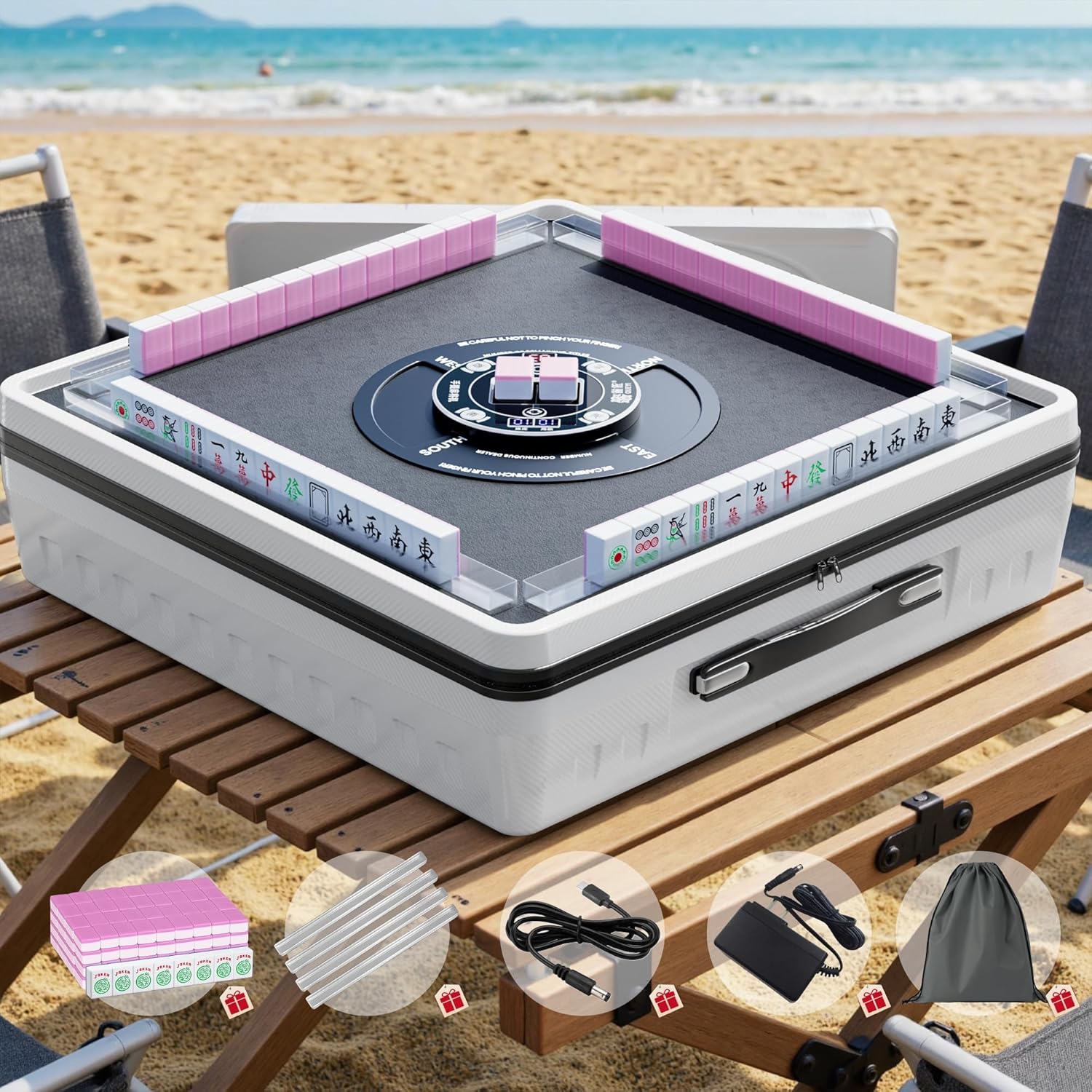 PYY Mahjong Table - Portable Automatic Electric Mahjong Table w/ 144 Magnetic Tiles, Suitable for Filipino & Chinese Style, Auto Shuffling Mah Jong Table for Outdoor and Indoor, Pink