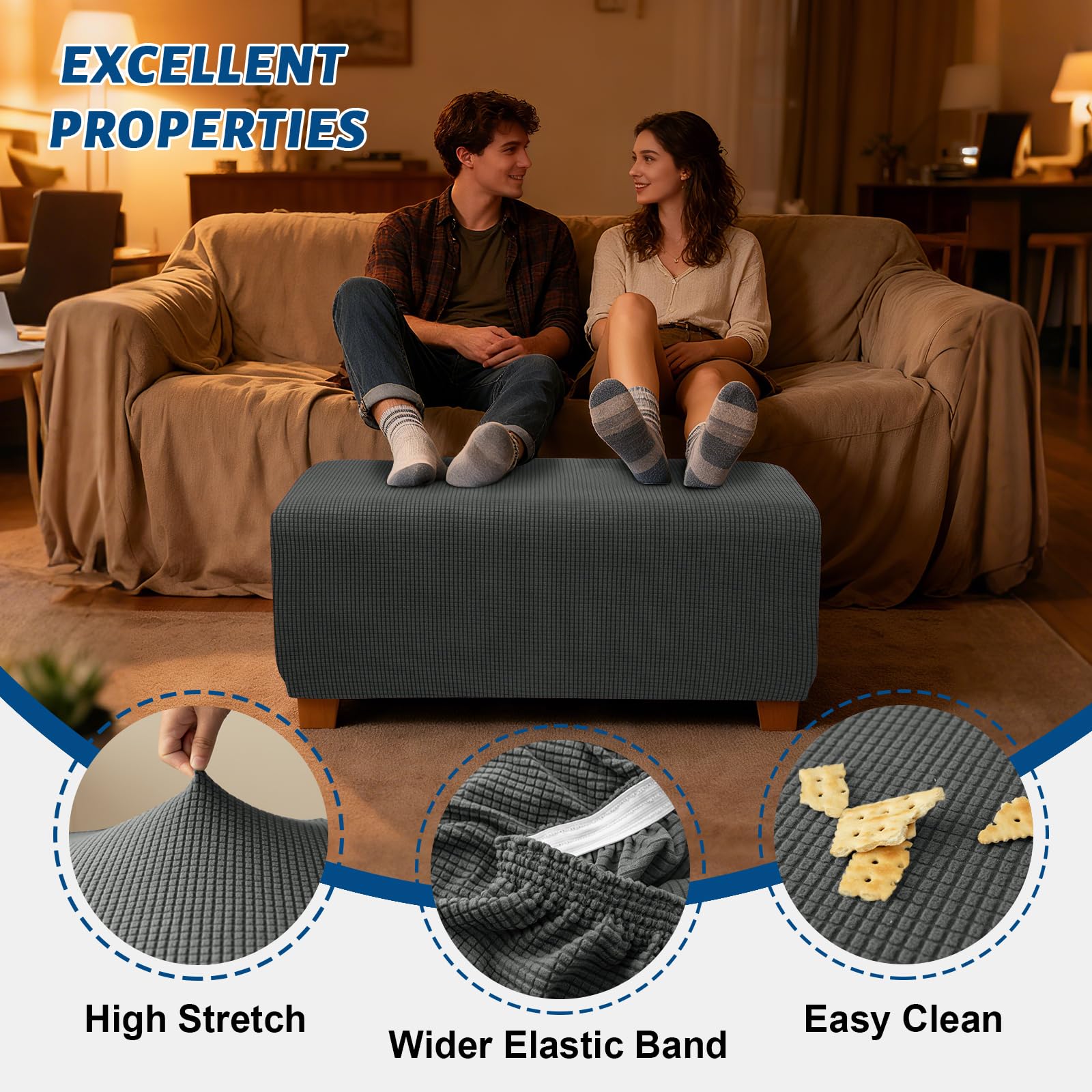 Copri Pouf Elasticizzato Jacquard Quadrata/Rettangolare, Fodera Per Poggiapiedi Copertura Ottomana Lavabile Coprisgabello Con 2 Cinghie (Grey,1pc Square XL)