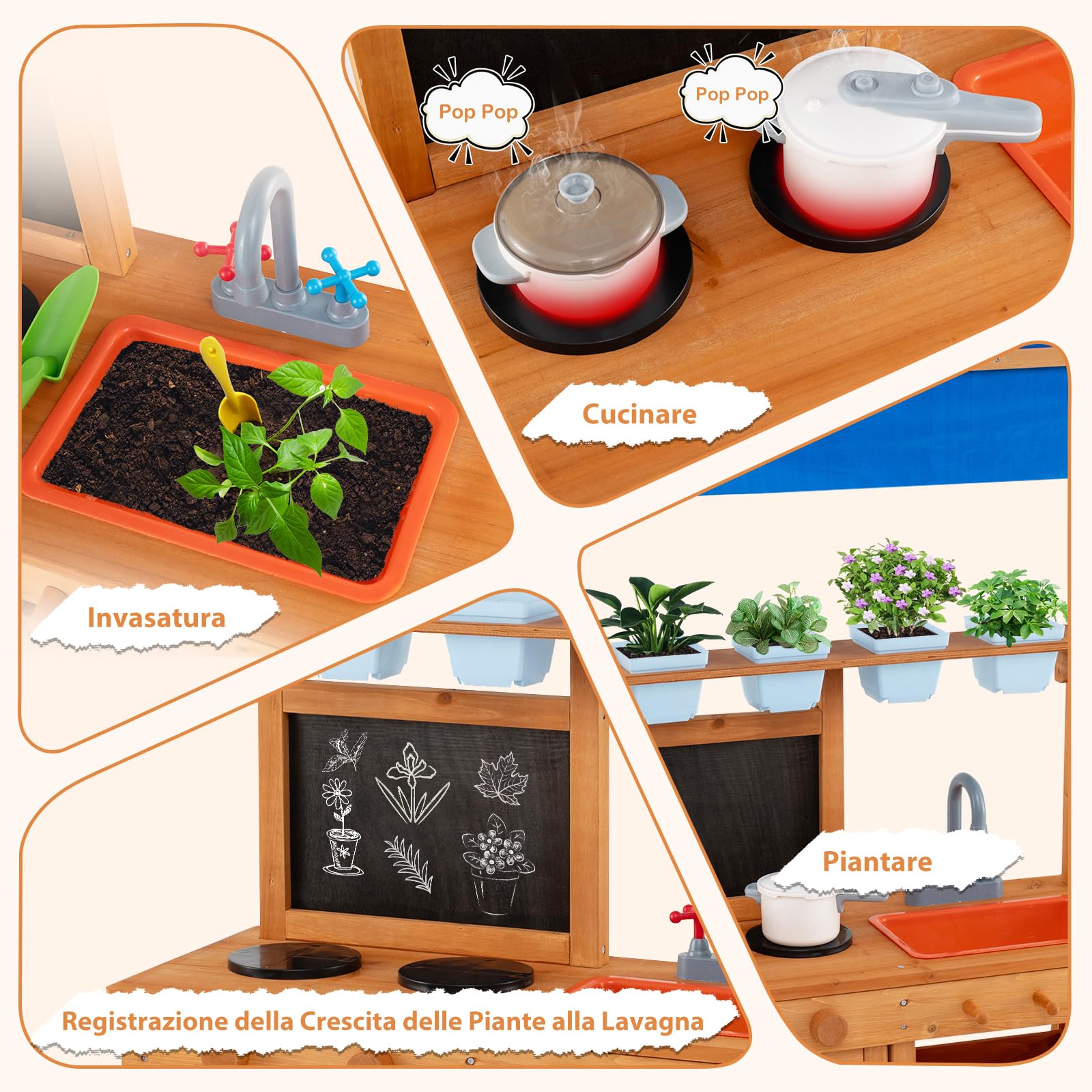 GYMAX Banco da Giardinaggio per Bambini, Cucina da Gioco in Legno con Tetto Regolabile, Lavello, 4 Vasi, Ripiano e Cassetto, Lavagna, Banco da Lavoro per Piantare, 136x77x56.5cm