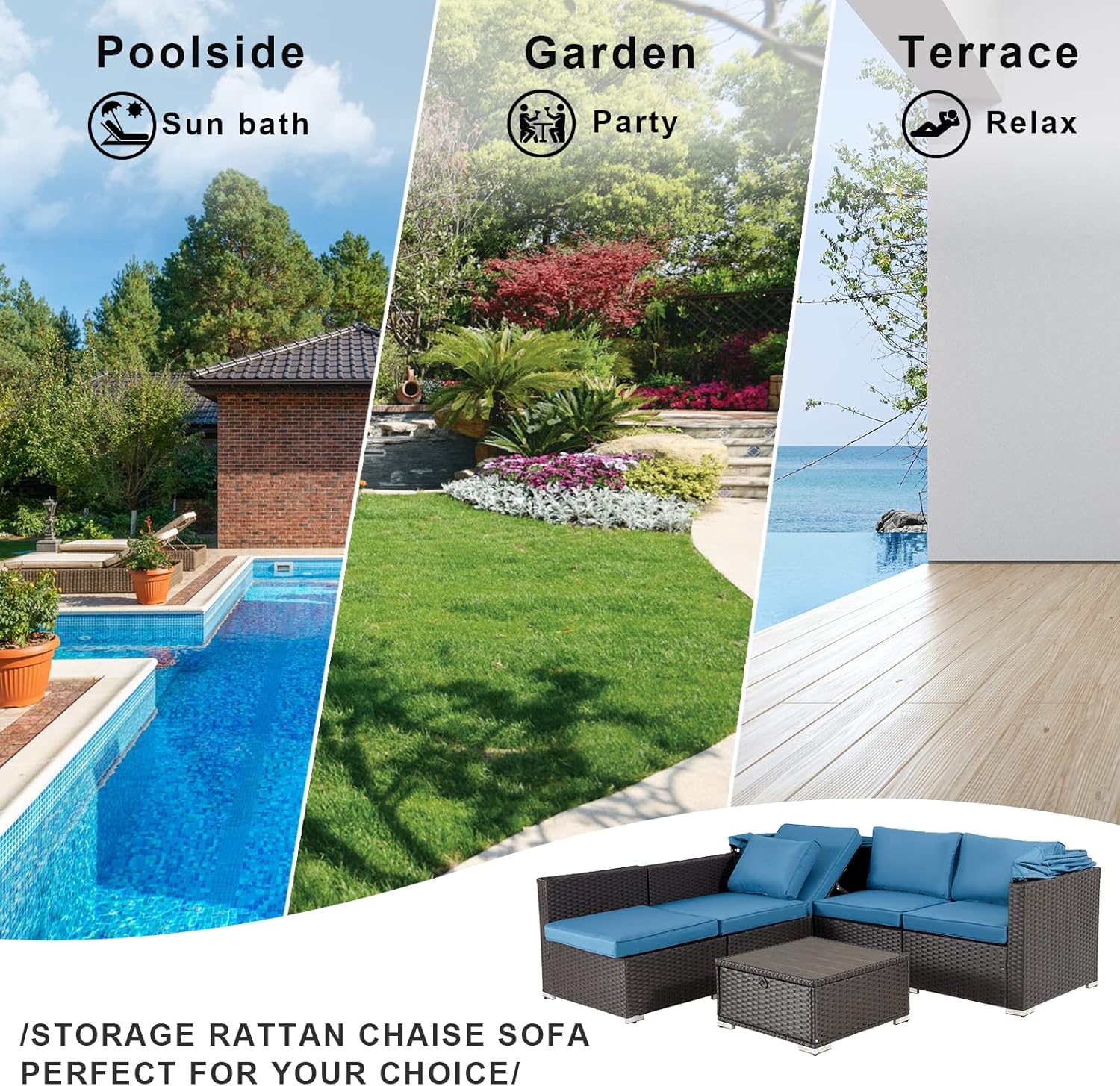HOMREST 6 Pieces Patio Furniture Sets, Rattan Daybed with Retractable Canopy, Outdoor Sectional Sofa Set with Adjustable Backrest, Chaise Chair Sunbed for Garden Poolside Backyard (Blue)