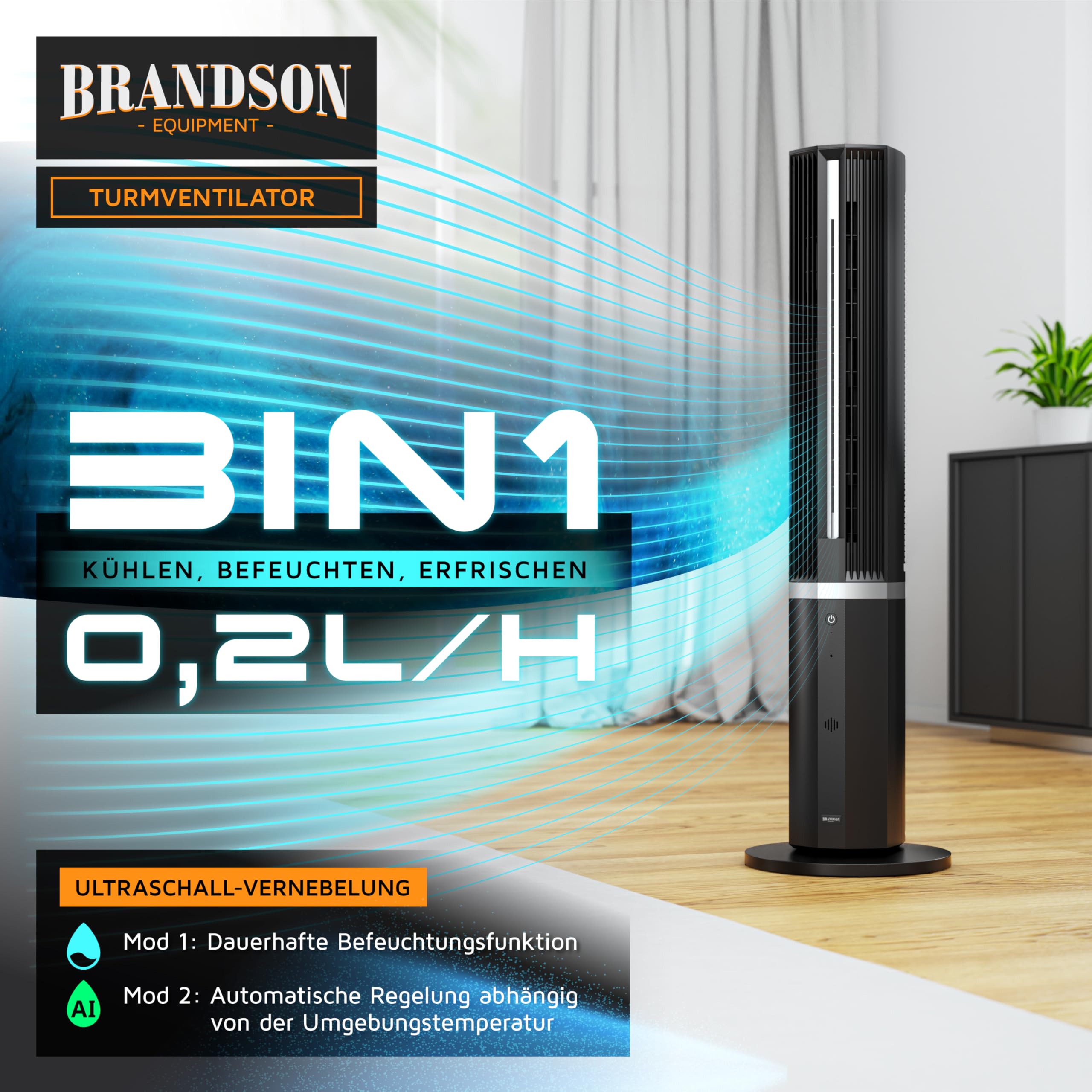 Brandson - Turmventilator mit Wasserkühlung – Preisträger 2026 - Luftkühler inkl. Luftbefeuchter - DC-Motor sehr leise – 12 Geschwindigkeiten - Fernbedienung