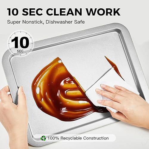 Miniatura 18 de HONGBAKE Hojas de galletas, juego de bandejas para hornear, sartén antiadherente con agarres más anchos, paquete de 3 bandejas para hornear Dorado