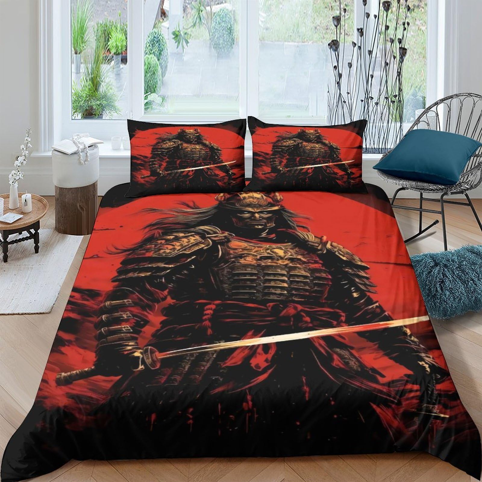 Ctjqhvkz Style-5 3D Printed Samurai Warrior Fitted Sheet Microfiber Red Black Bedding Decor, Mattress Cover For Bedroom Guest Room Single（135X200cm）