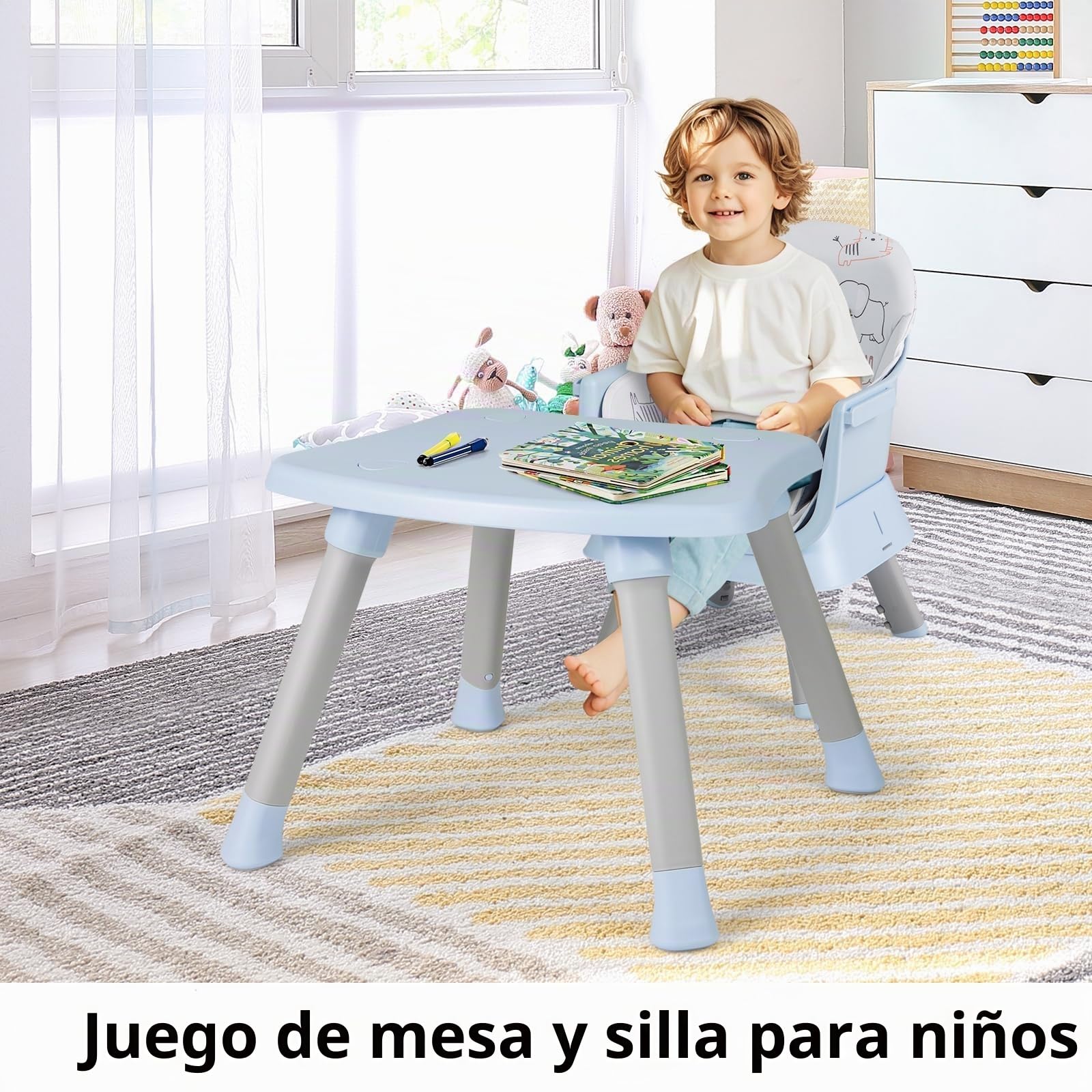 LIFEZEAL Trona para Niños de Polipropileno, Capacidad de Carga de 25 kg, Silla para Niños con Bandeja y Funda de Tela Extraíble, Trona Combinada con Cinturón de Seguridad, 7-36 Meses (Azul)