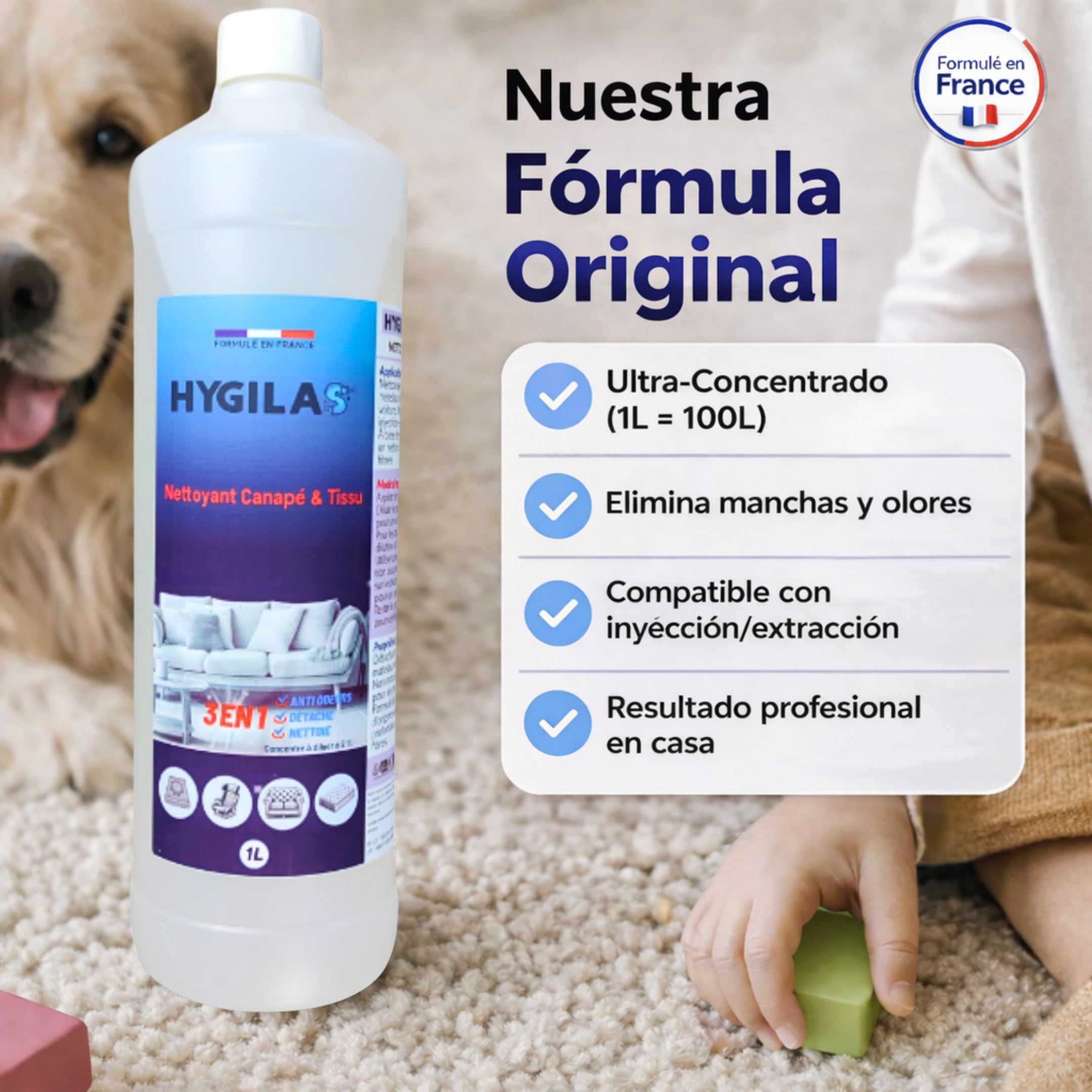HYGILAS Limpiador de Sofás y Tejidos Profesional 1L - Concentrado para Diluir - Compatible con Inyección/Extracción y Máquinas de Limpieza - Colchones, Alfombras, Moquetas y Tapicería