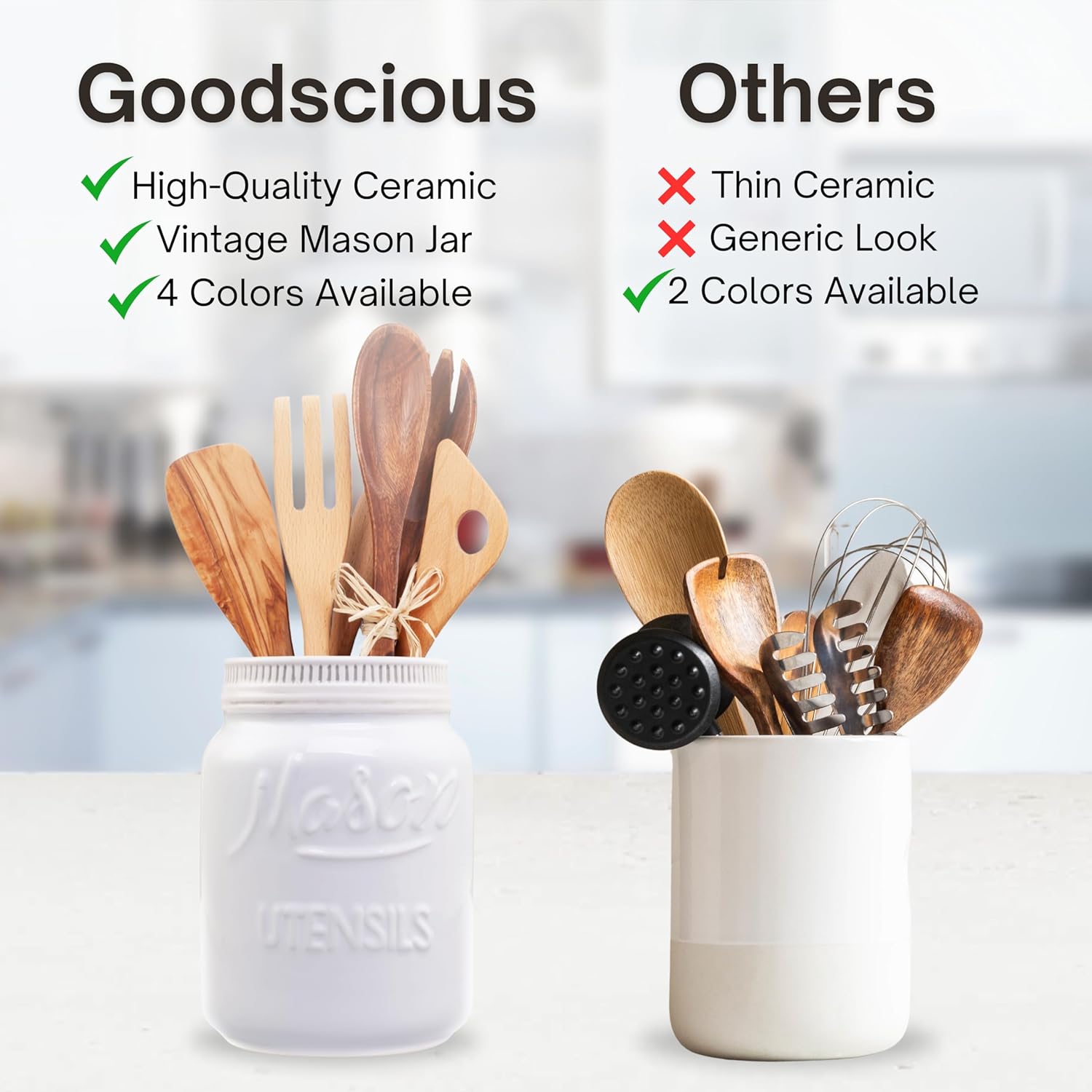 White Mason Jar Kitchen Utensil Holder for Kitchen Counter - Rustic Ceramic Utensil Crock for Spoons, Spatulas & Cooking Tools - Farmhouse Decor for Countertop - Unique Vintage Container and Organizer