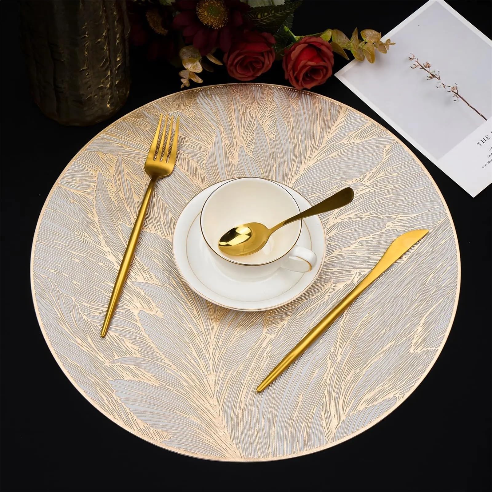 Manteles Individuales Redondos, manteles de Mesa Dorados Lavables prensados ​​con Plumas, Lugar Hoja Comedor for decoración for Fiesta Boda y Vacaciones(6PCS)