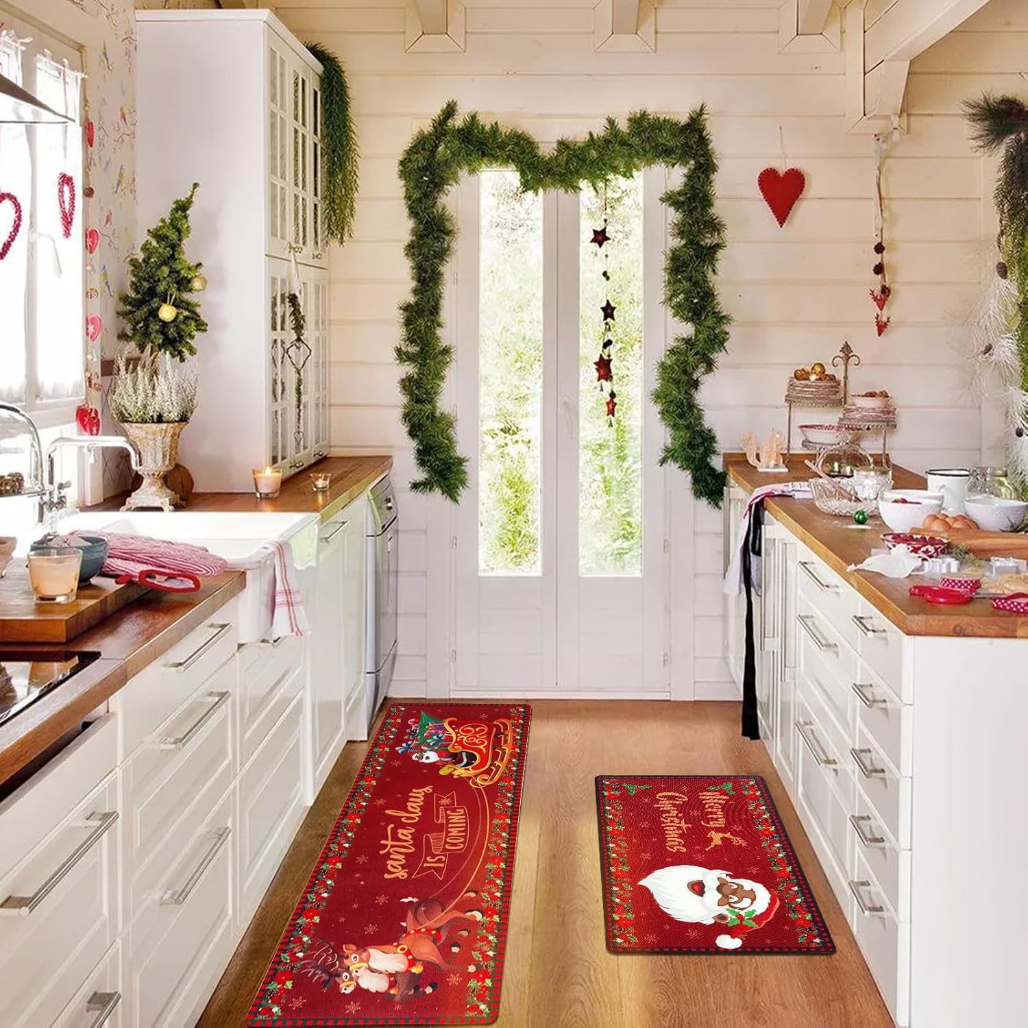 Black Santa Christmas Kitchen Rug and Mat Set,African American Christmas Decorations,Winter Holiday Merry Christmas Kitchen Sink Floor Mat Santa Claus Kitchen Bathroom Mat for Xmas Indoor Decoration