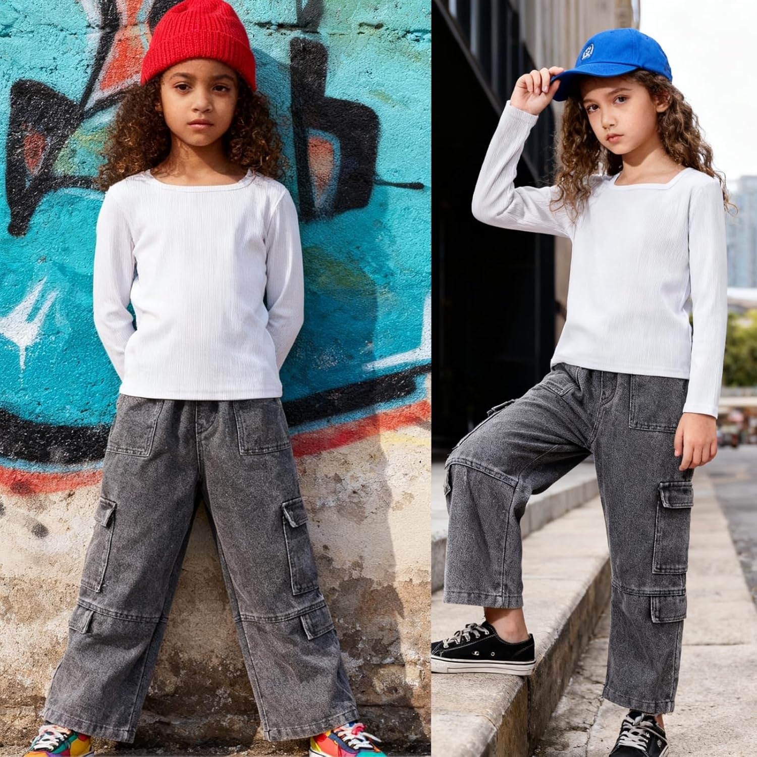 Tween Girls Clothes 2 Piece Long Sleeve Top + Denim Cargo Pants, Teen Girls Fall Clothing Set, Sizes 5-12 Years