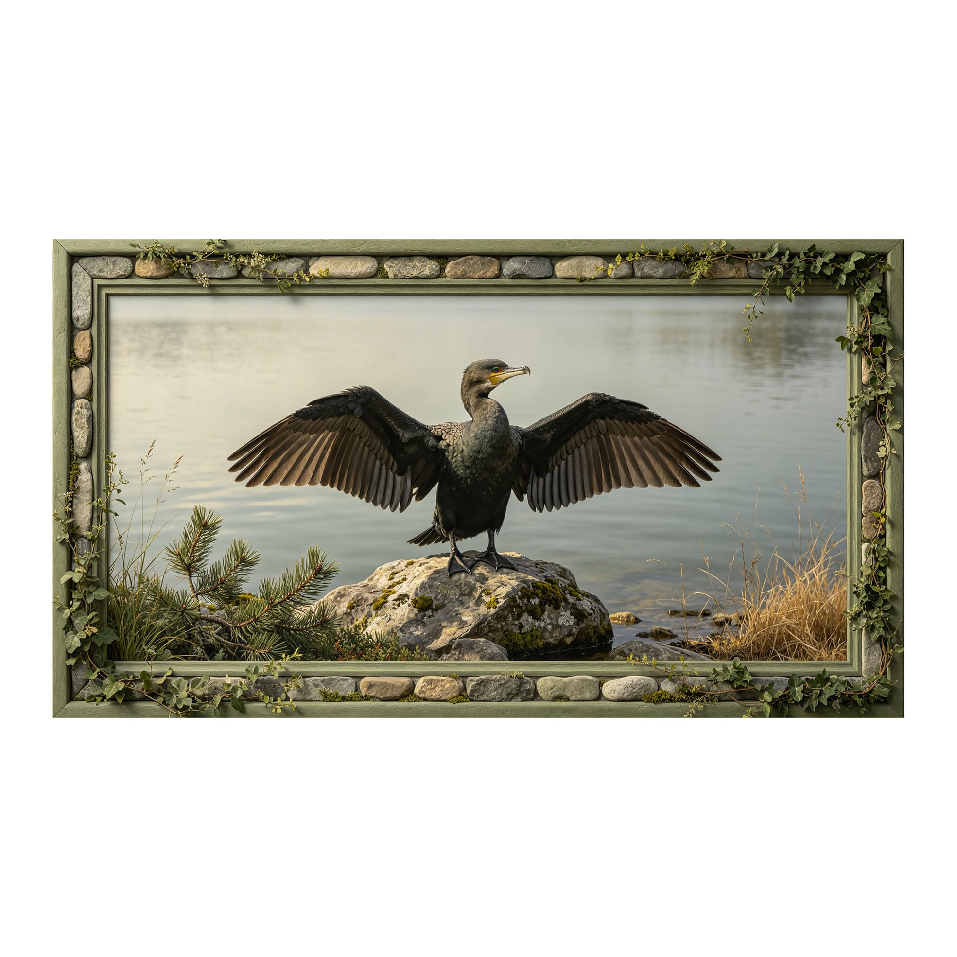 Murasolite 3D 3D Framed Wall Art 50cm×90cm Lake Scene Bird on Rock Landscape Realistic Style SelfAdhesive Fabric Mural Wall Decor, Peel and Stick No Damage to Wall for Bedroom Living Room