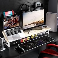 Aothia Dupla Fa Monitorállvány 108 cm, Állítható Magasságú Laptoptartóval, Asztali Rendszerező PC/Laptop/TV/Nyomtató, Fehér-Tölgy 8