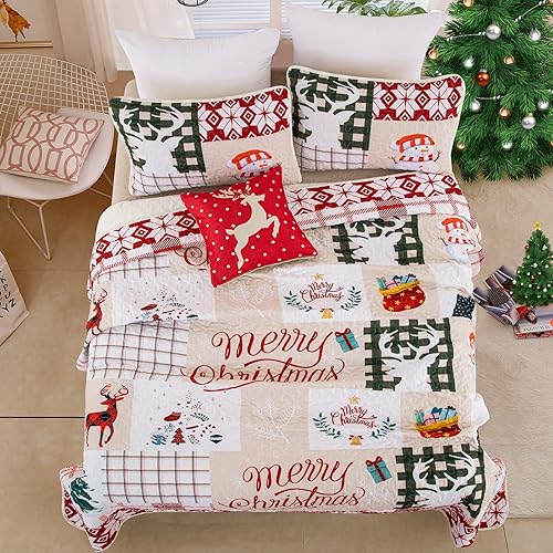 Miniatura 3 de Juego de edredón de Navidad, tamaño Queen, diseño de árbol de Navidad y ciervos de Navidad, muñeco de nieve, cubrecama ligero, decoraciones de