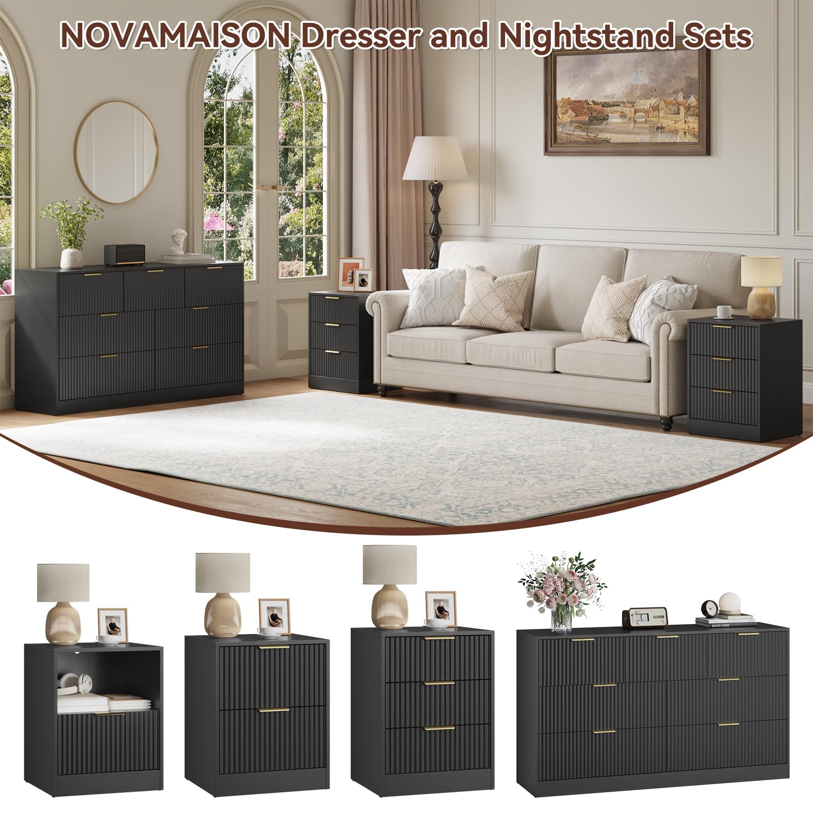 Amazon.com: NOVAMAISON 7 Drawer Dresser & Nightstand Set, 3-Piece Black  Bedroom Dressers and Night Stand Set of 2 with Metal Handle, Fluted Modern  Wood Chest of Drawers Storage Dressers Set for Bedroom,