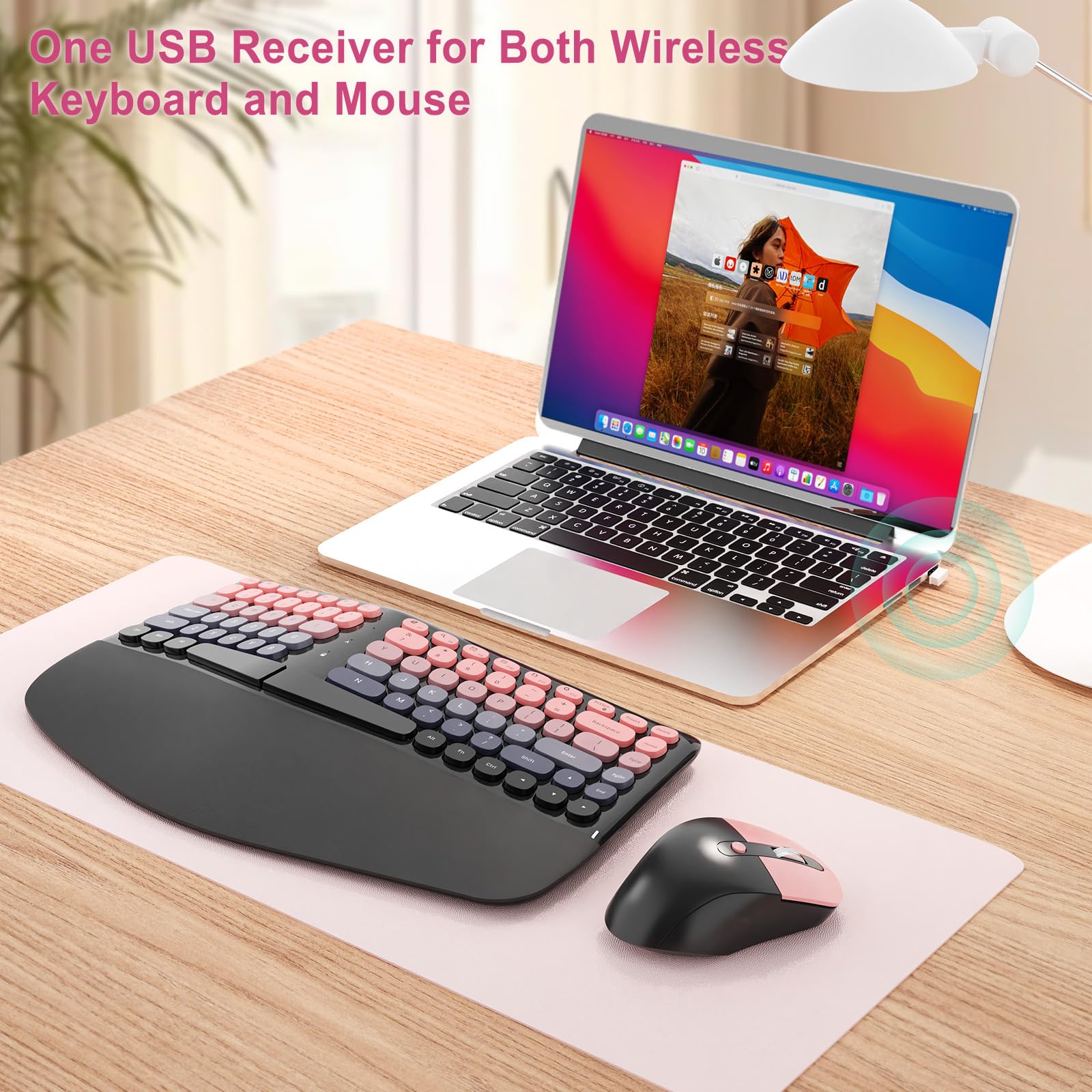 Tastiera e mouse wireless ergonomici, set da gioco meccanico con poggiapolsi, OTG e pennello, ideale per PC Windows, casa, ufficio e università, nero e rosa