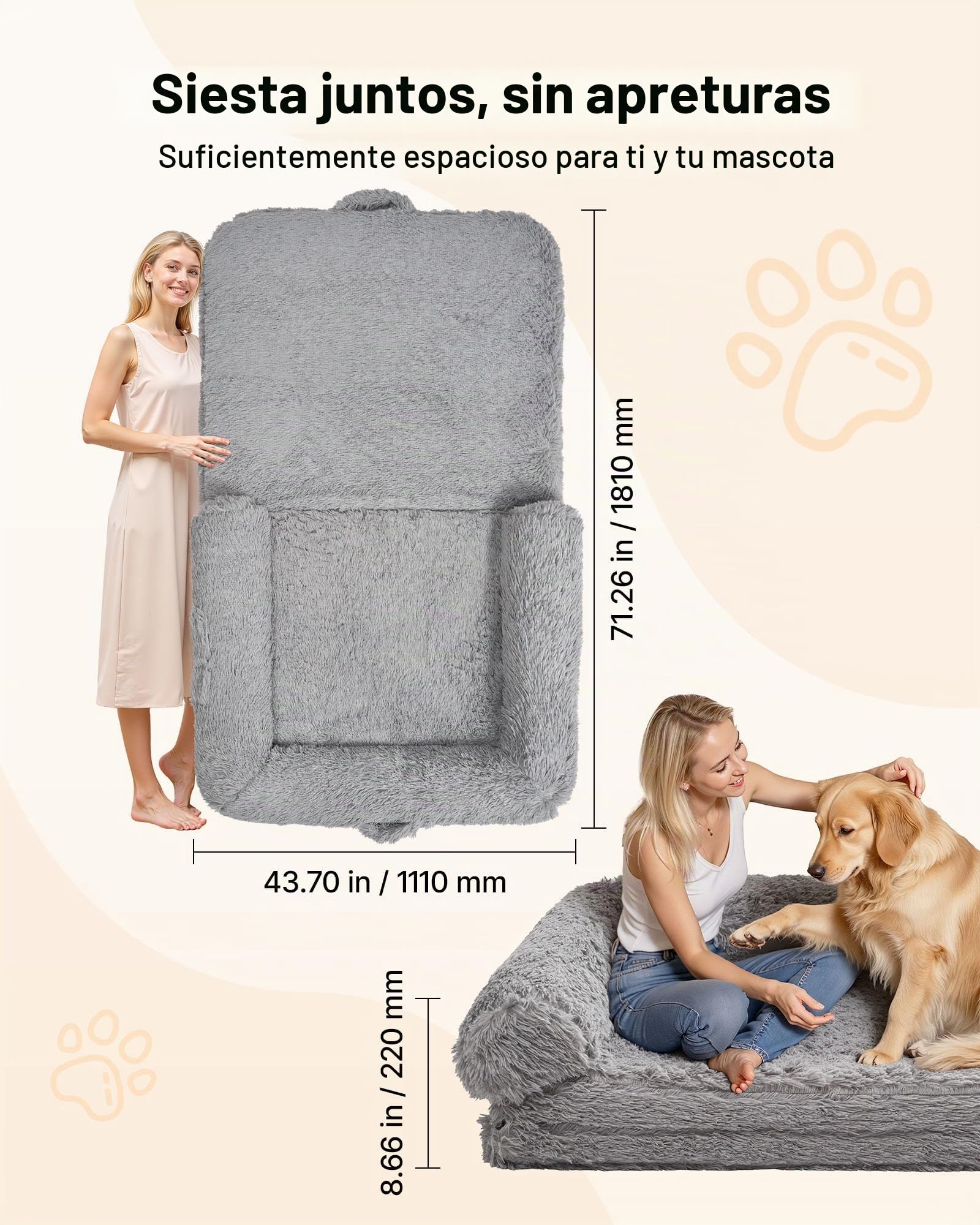 VEVOR Cama Rectangular para Perros, 181 x 111 x 22 cm, Ortopédica, de Espuma Viscoelástica, Tamaño Humano, con Bolsillo Lateral, Asa y Cremallera, Funda Extraíble y Lavable a Máquina, Gris Oscuro