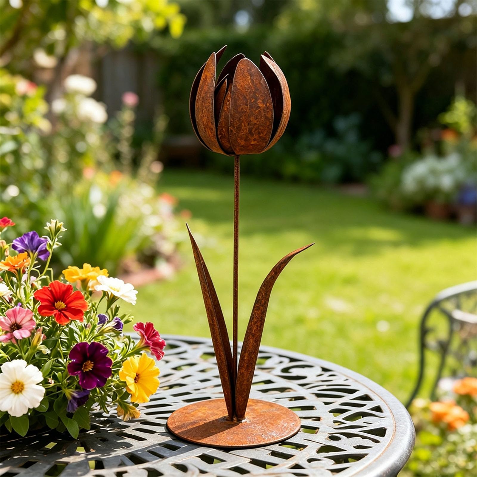 PANGBOER Retros Styles - Tulipanes de metal oxidado para patio, resistente a la intemperie, estaca decorativa a prueba de óxido, escultura de hierro