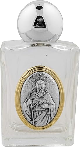 Botella de agua bendita de vidrio con acento dorado (Saint Jude) disponible en Yaxa Peru