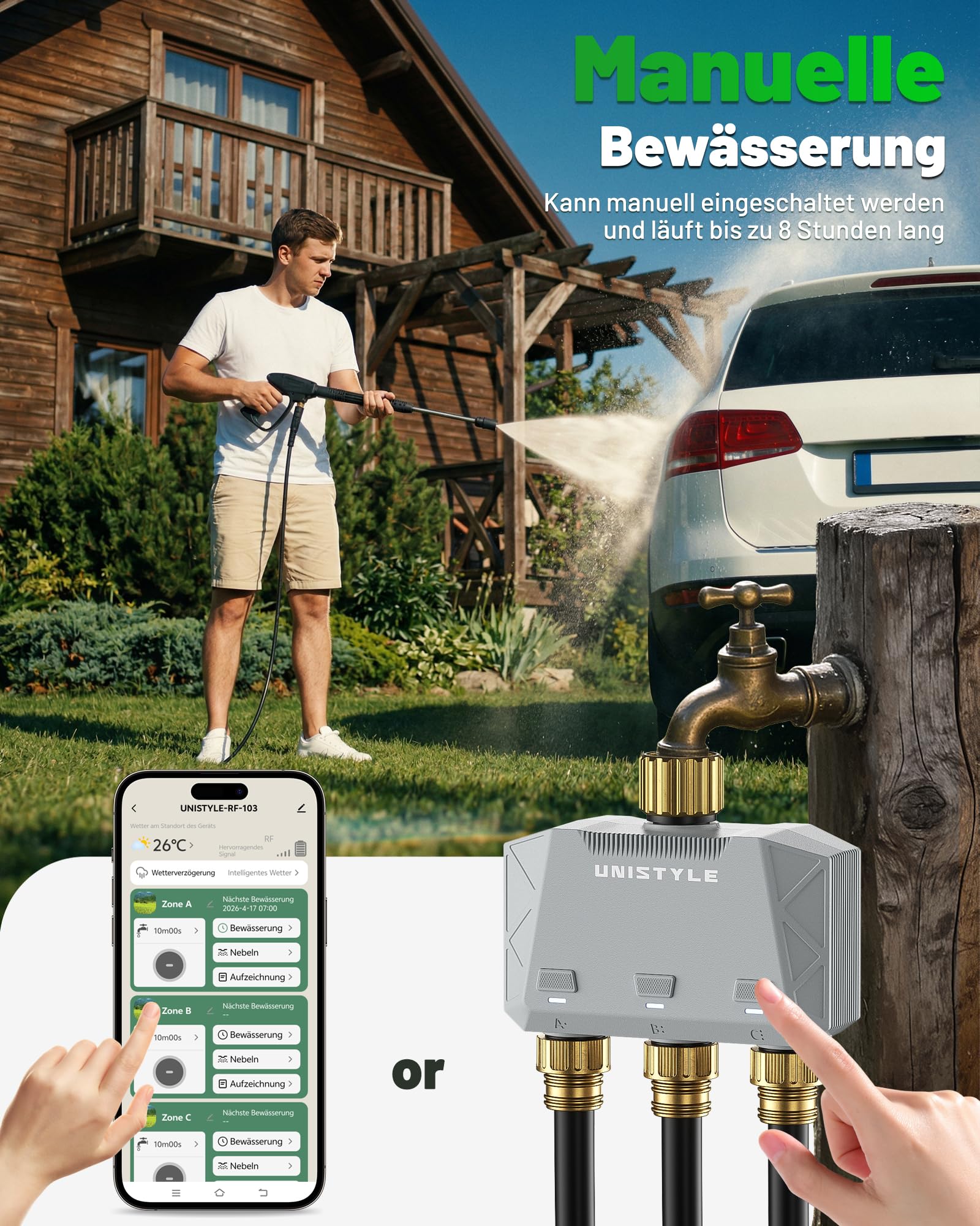 Unistyle Bewässerungscomputer WLAN 3 Ausgänge | Neuauflage 2026 – App-Steuerung, 5 Bewässerungspläne, Präzise Steuerung, Alexa-Sprachsteuerung, Automatische Bewässerung für Garten & Pflanzen