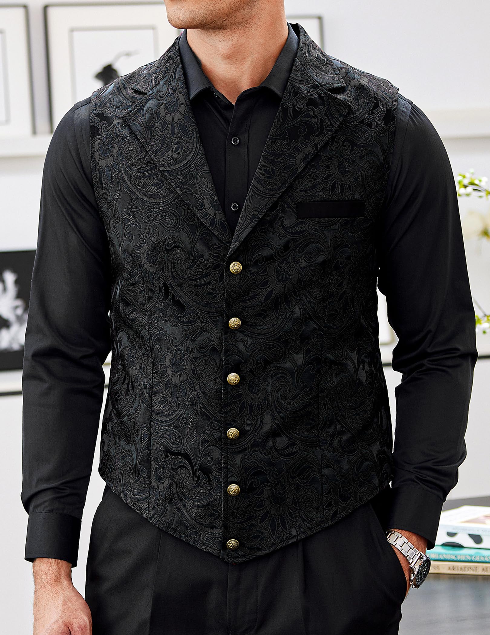 COOFANDY Black Dress Vest for Men Paisley Floral Suit Vest Tuxedo Waistcoat Slim Fit for Prom Wedding Party Black, Medium
