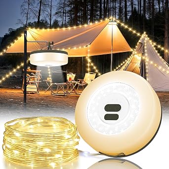 Camping String Lights, 4 in 1 Quick Storage Camping Essentials Gear 32.8FT Rechargeable Tent Lights with 6 Modes Hanging Waterproof LED Camp Lamp for Camping Hiking Patio Garden Festival-Warm White