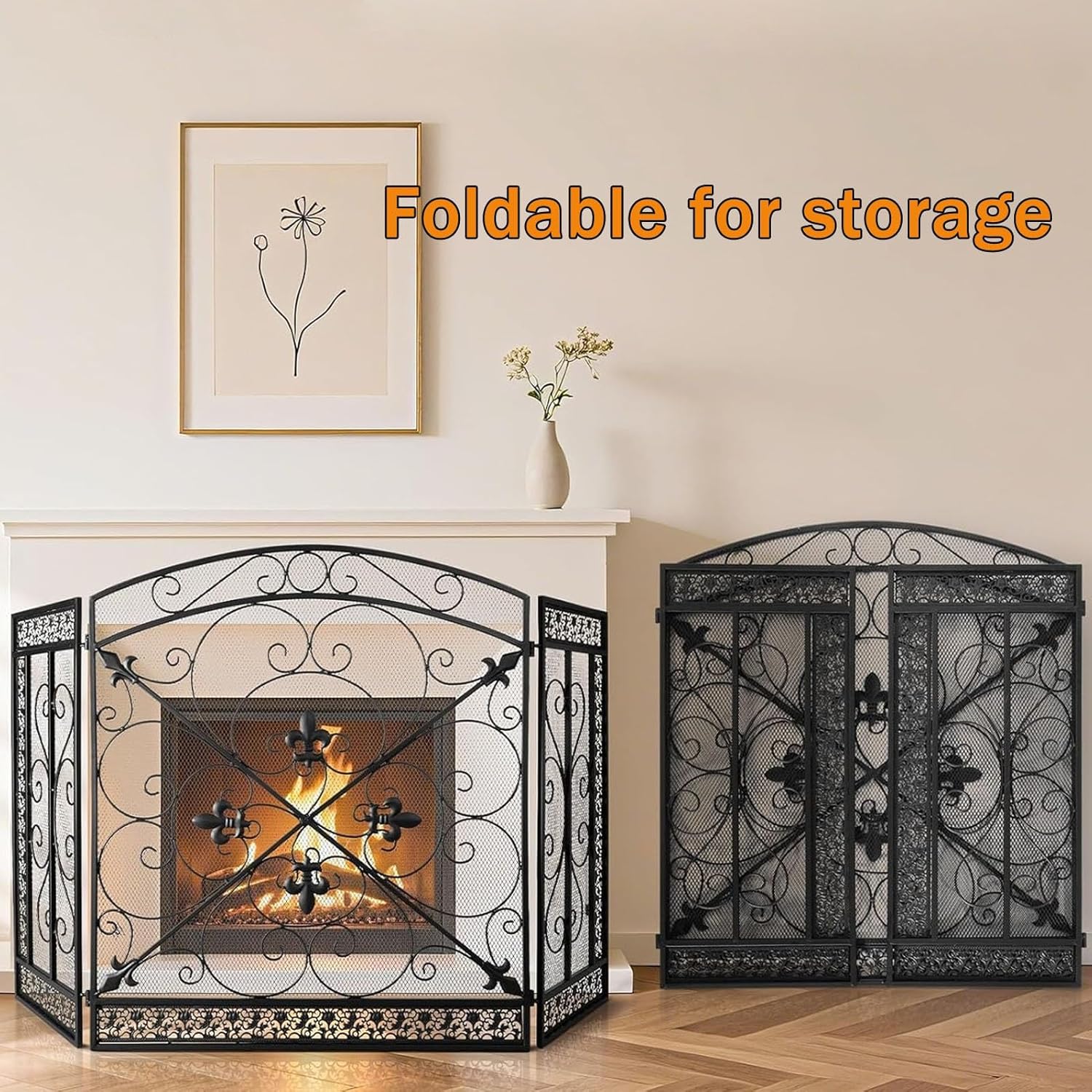 JKGHK Foldable Arched Fireplace Screen, 3-Panel Freestanding Spark Guard Mesh, Wrought Iron Black Metal Spark Guard Fireguards, for Spark Protection and Home Decor(Gold)