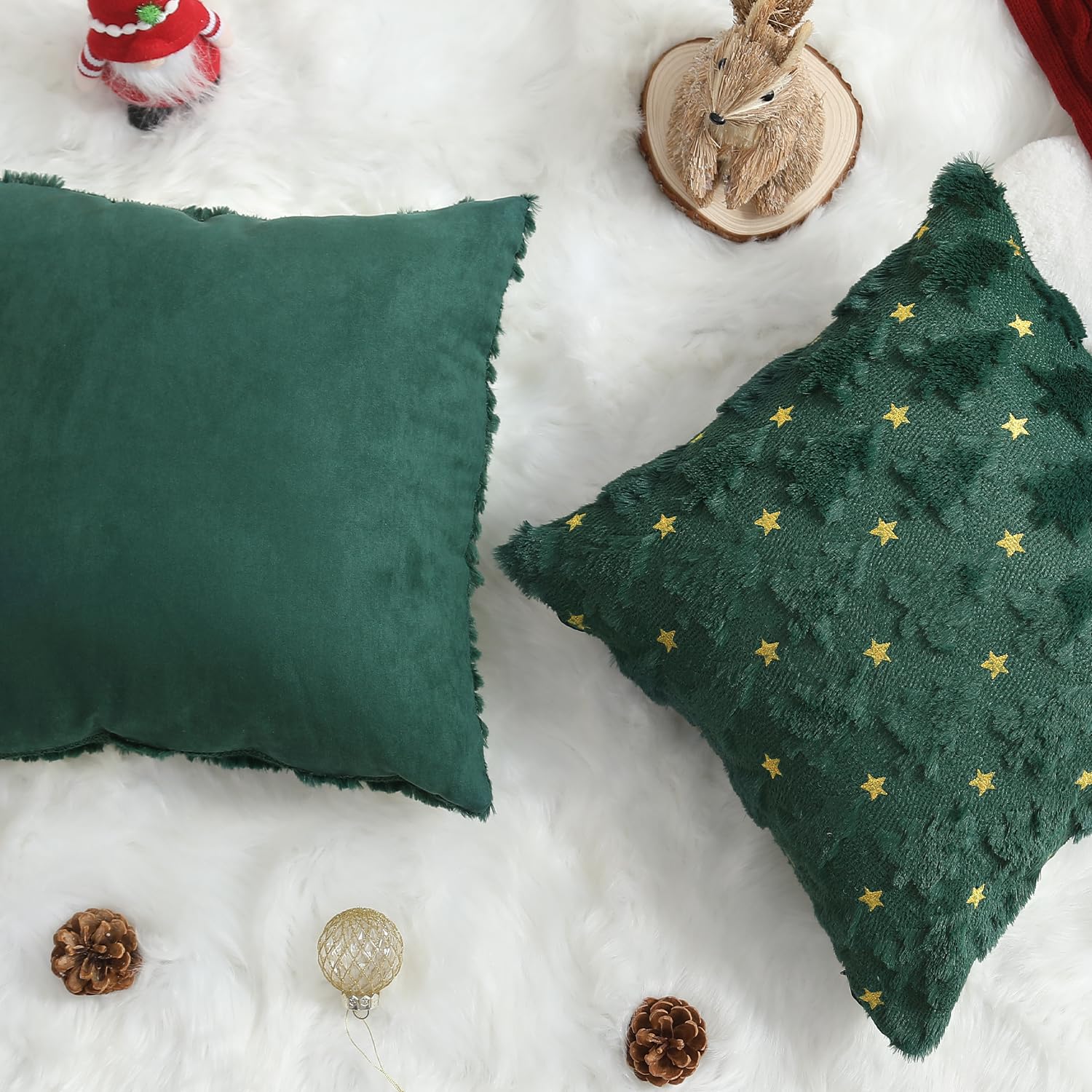 Juego de 2 fundas de almohada de Navidad de 20 x 20 pulgadas, color verde oscuro, fundas decorativas de felpa y piel sintética suave para invierno, Navidad, vacaciones, hogar, dormitorio, 4