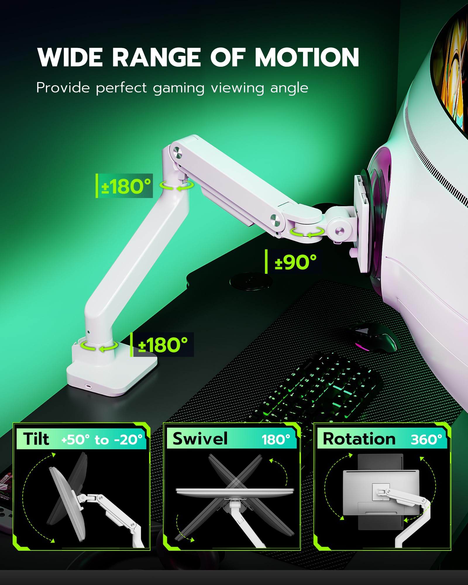 ARES WING Bras écran pc avec USB 17-49 Pouces Max 20kg VESA 75/100 Blanc
