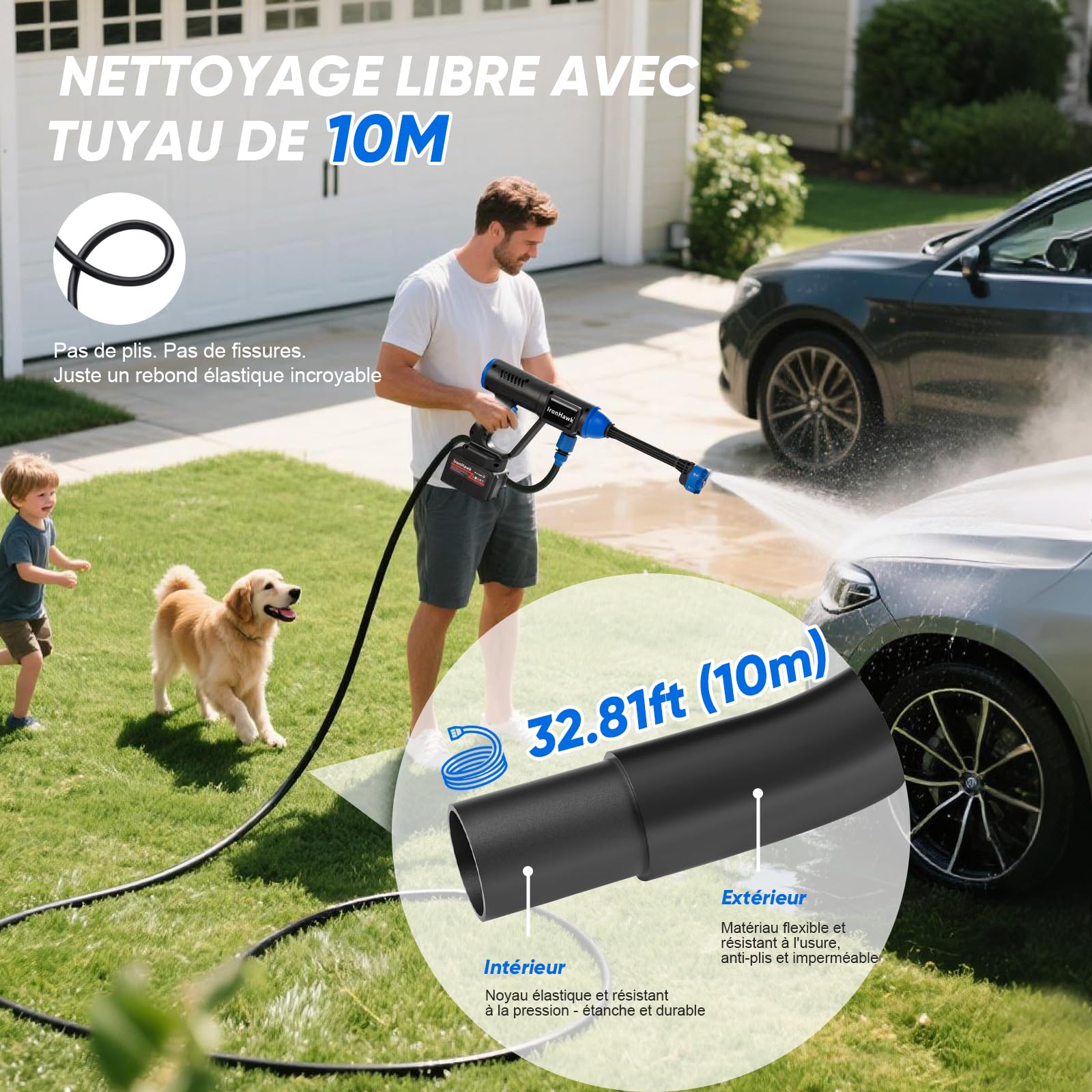IronHawk Nettoyeur Haute Pression sans Fil – Batterie 2×Li‑ION, Portable & Léger, Buse 6‑en‑1, Tuyau 10 m – pour Voiture, Terrasse et Jardin