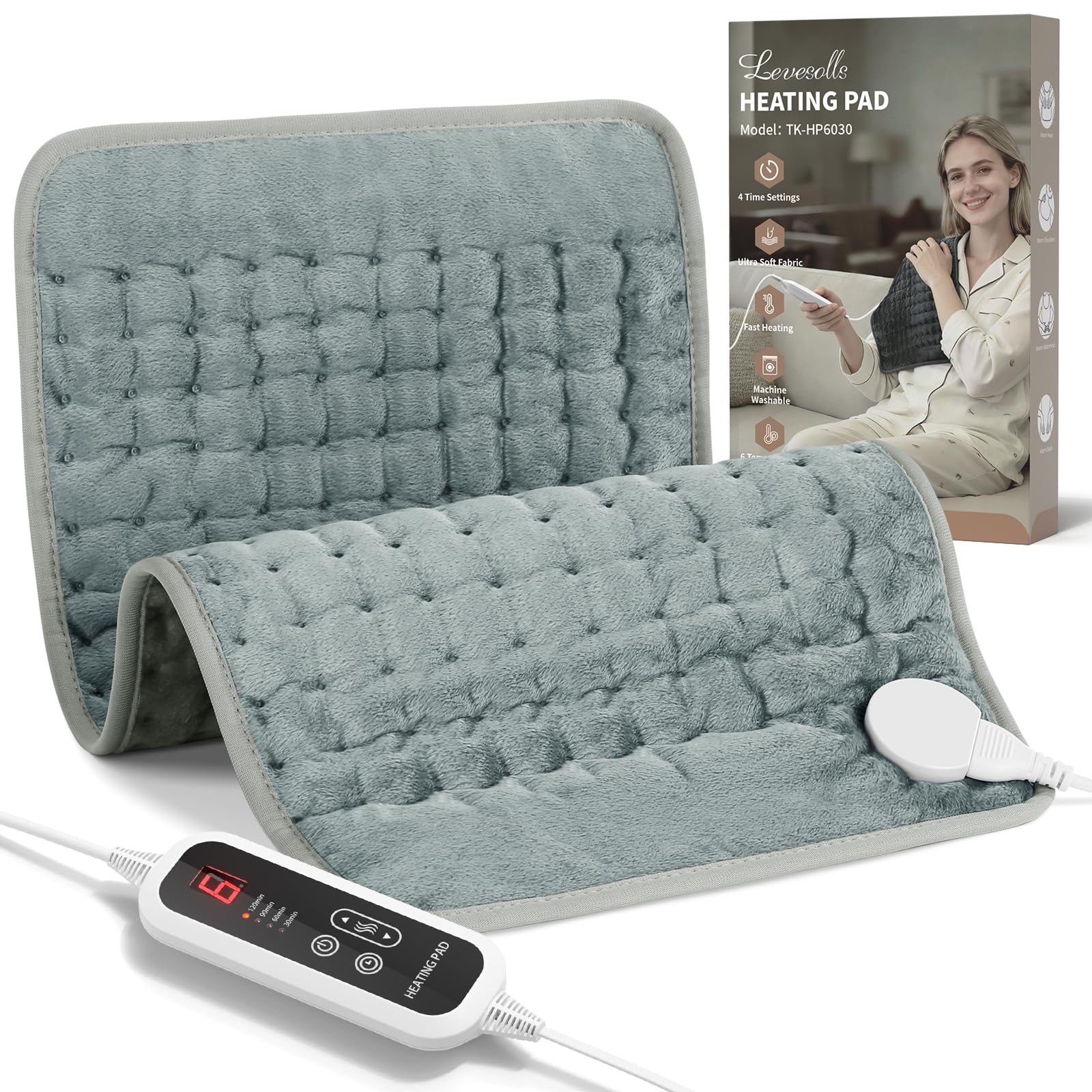 Coussin Chauffant Électrique 60 x 30cm pour Dos Épaules Abdomen 6 Niveaux de Température 4 Réglages de Minuterie Chauffage Rapide Arrêt Automatique Lavable en Machine Gris Foncé