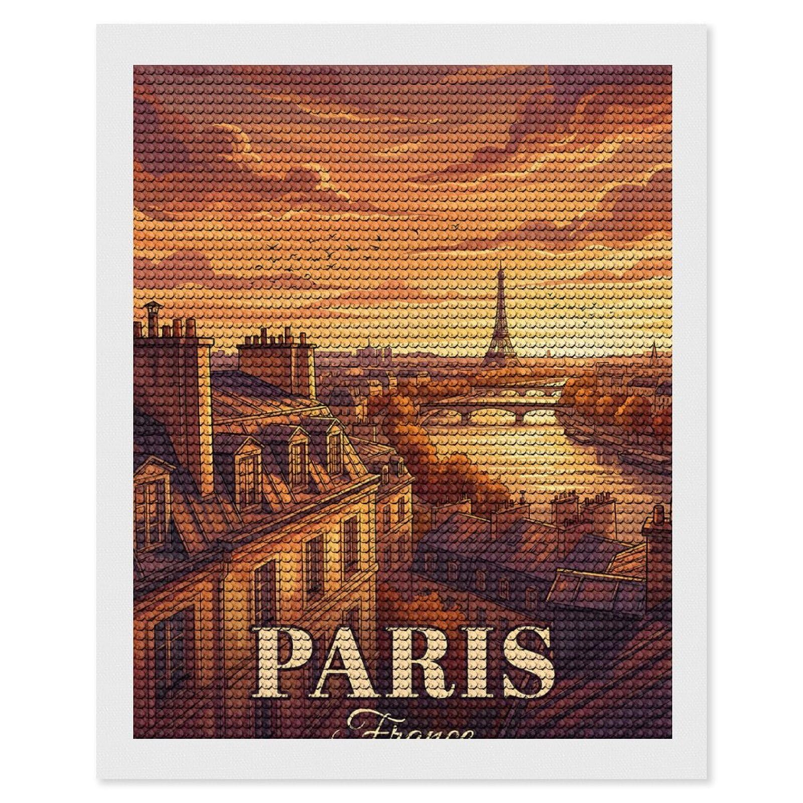 Junmoney Paris Skyline at Sunset Diamond Painting Set 16"x20", for Adults, Decorate Your Room, Thoughtful Handmade Gift, Boho Decor, with Tool Kit