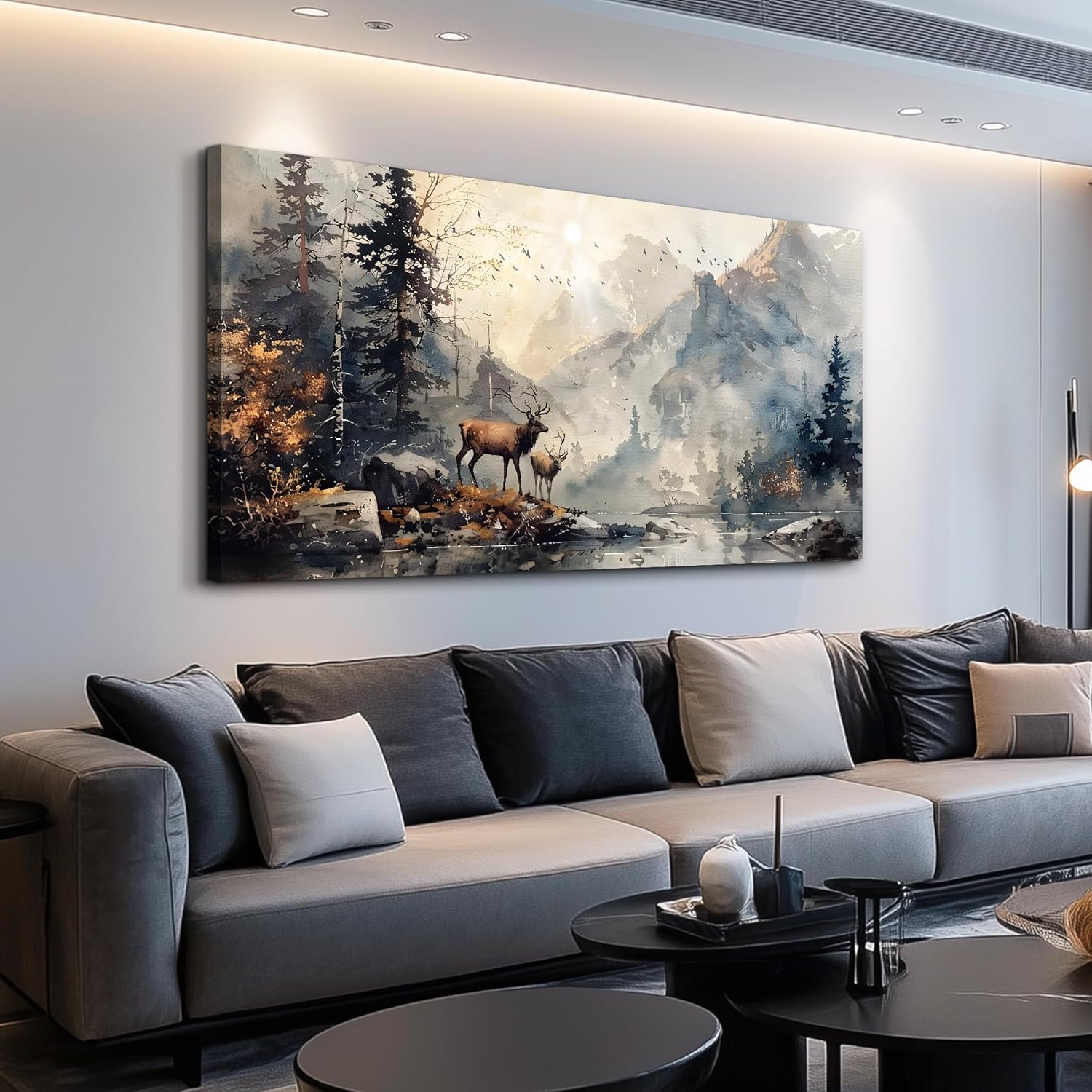 FUHAIHUA Large Wall Decor For Living Room Canvas Wall Art For Office Bedroom Wall Pictures Mountain Forest Landscape Ink Painting Deer Poster Artwork Room Home Decor Modern Aesthetic Mural 30x60 In