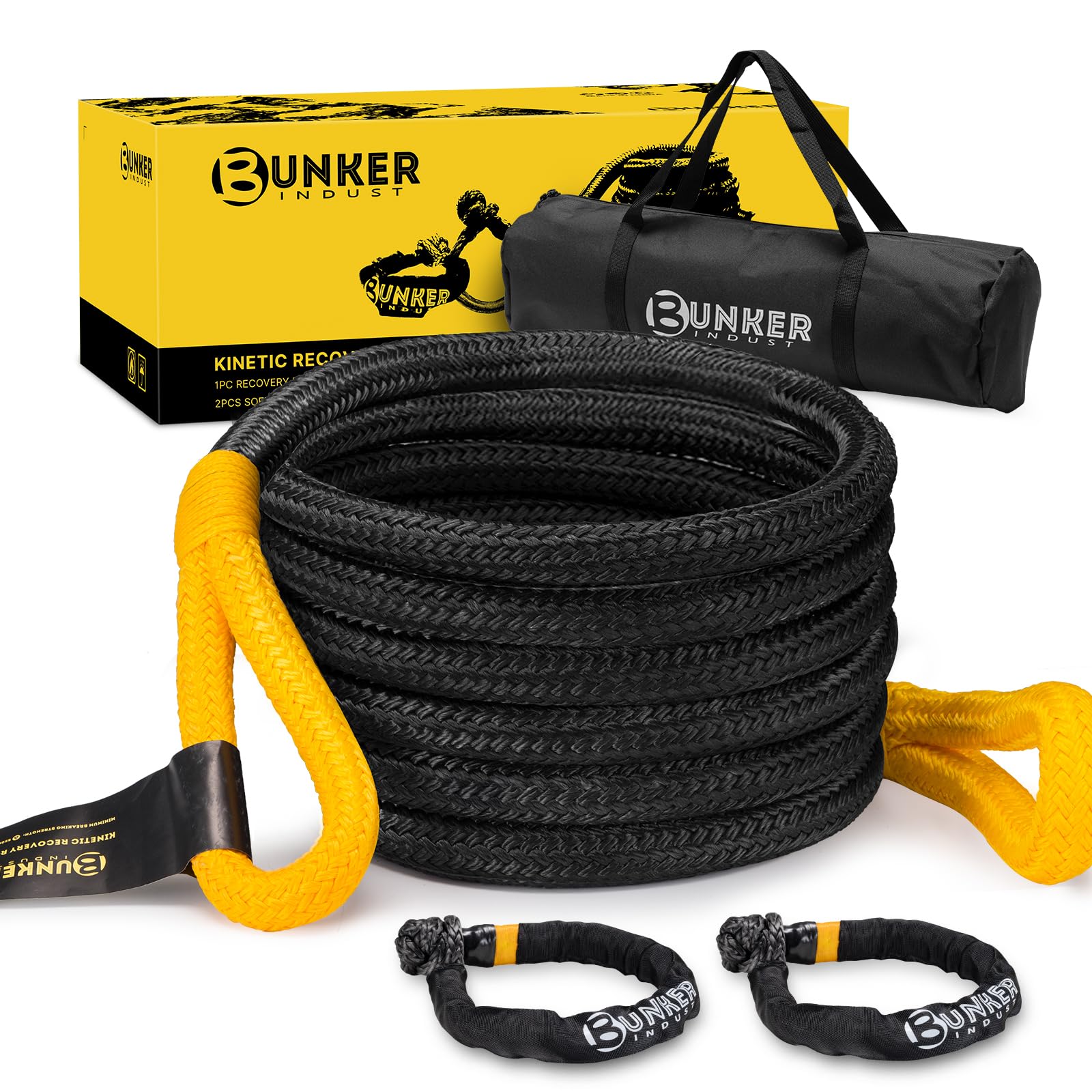 BUNKER INDUST 1.25"×20ft Kinetic Recovery Rope with 2 Soft Shackle Kit, 55000lbs Nylon Tow Rope Heavy Duty Snatch Strap Offroad Recovery Kit for 4x4 Jeep Truck ATV UTV SUV